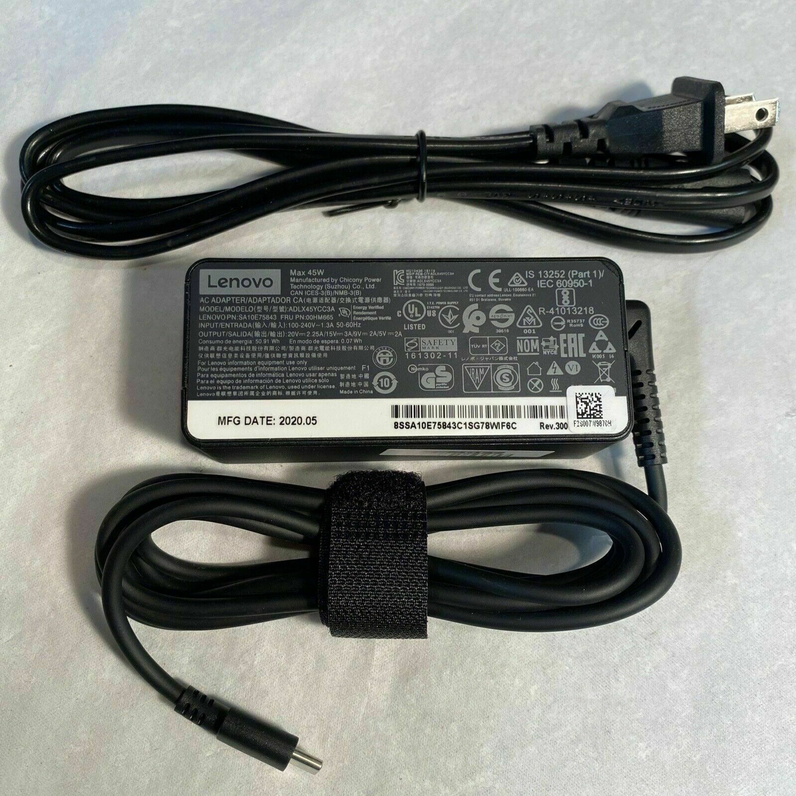 Original Lenovo Laptop Charger AC Power Adapter USB-C Type C Tip 20V 2.25A 45W 