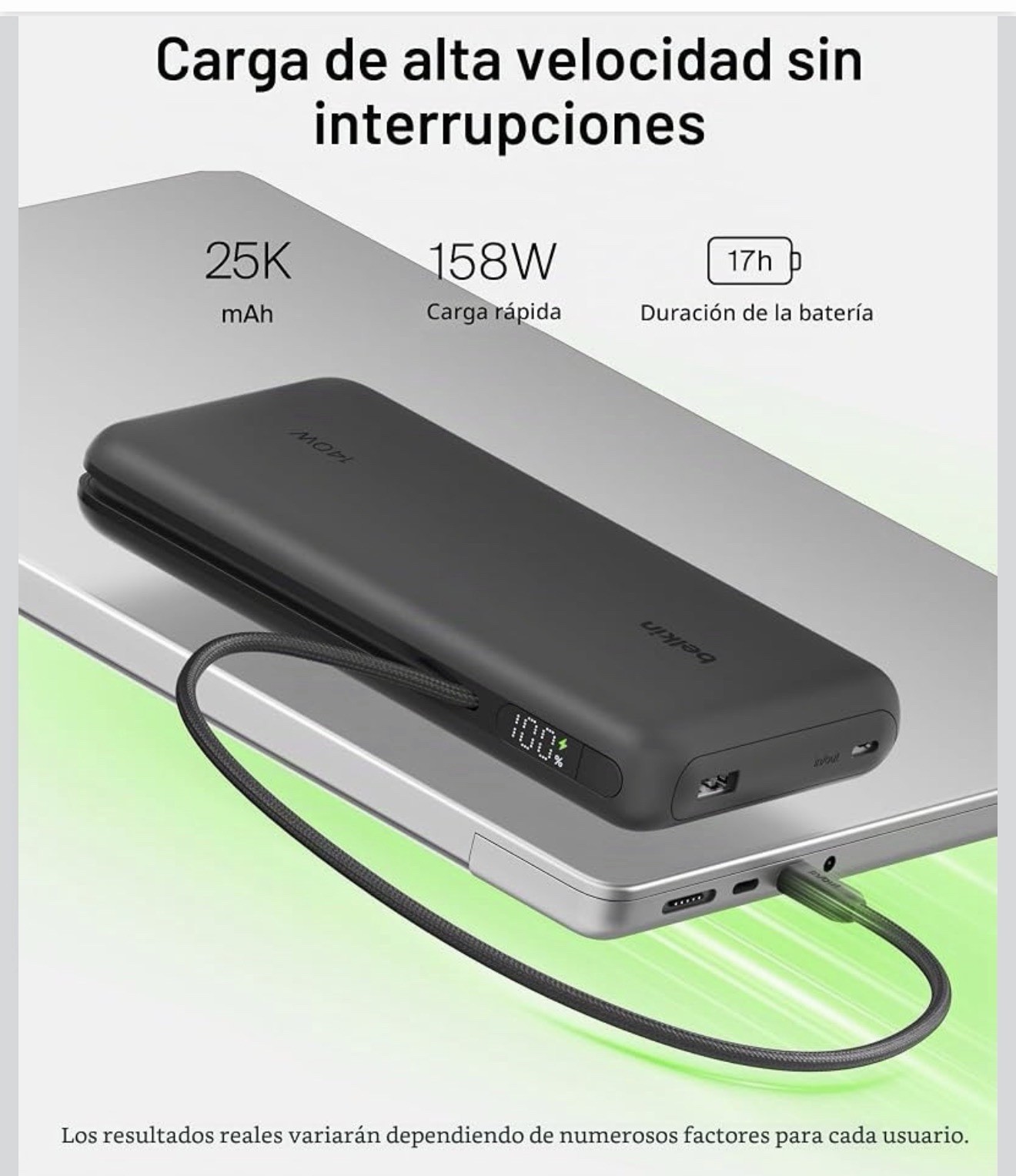 Cargador Portátil de 25 K Banco de Energía Con Cable USB C Integrado NEW