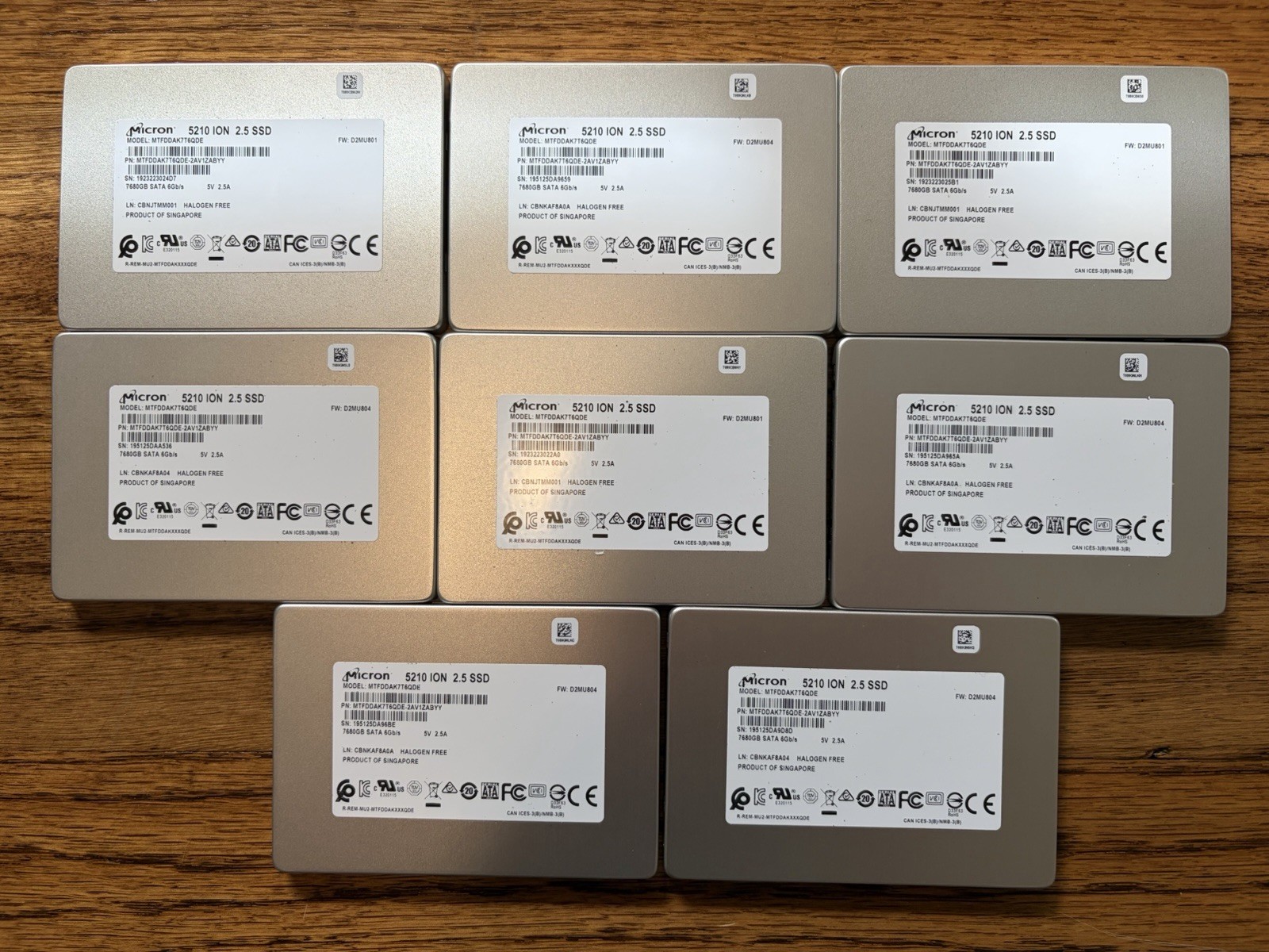 (Lot of 8) 100% Health Micron 5210 Ion 2.5" 7.68TB SATA III SSD MTFDDAK7TQDE