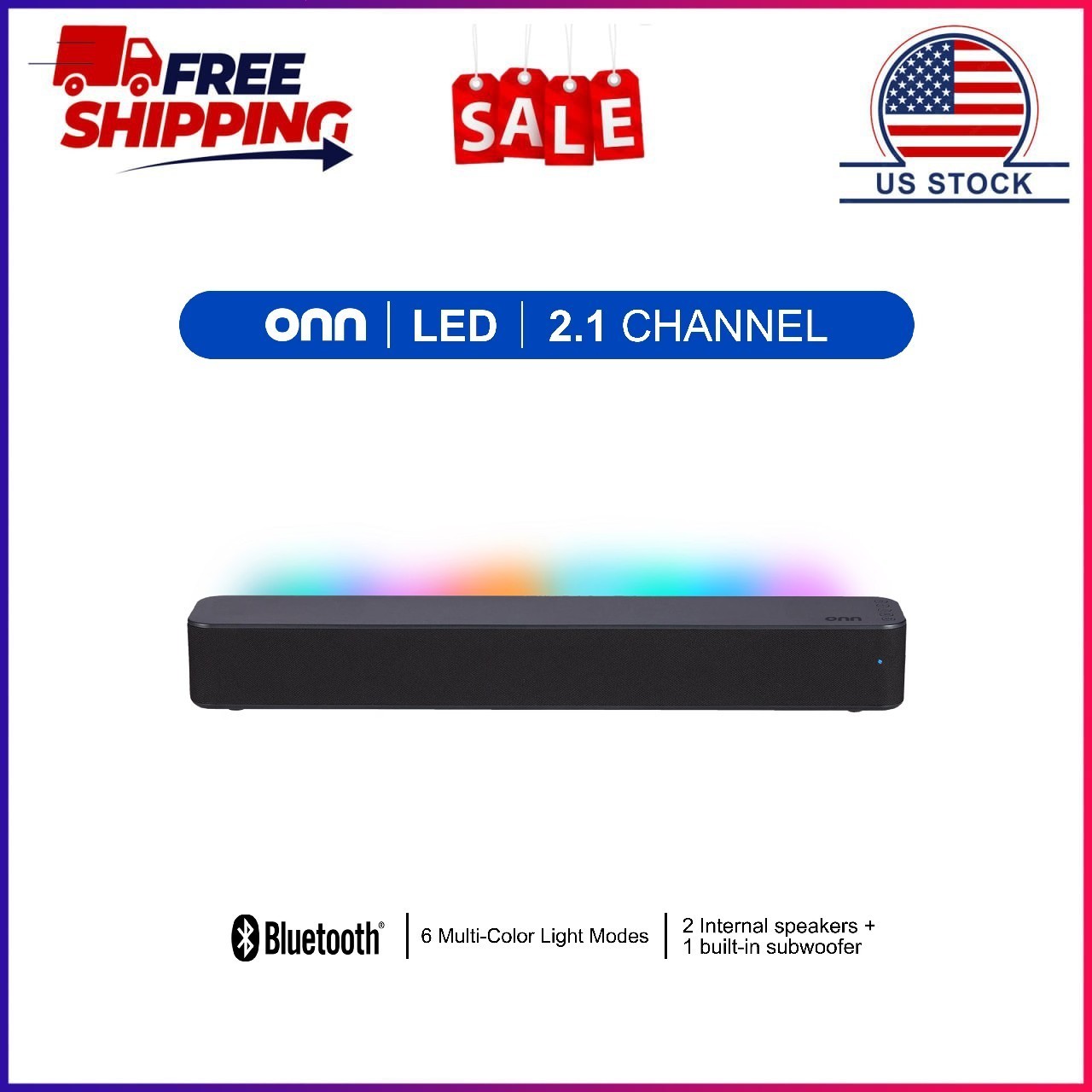 onn 20 Inch Bluetooth 2.1 Channel Soundbar with Multi-Color LED Lighting, Black
