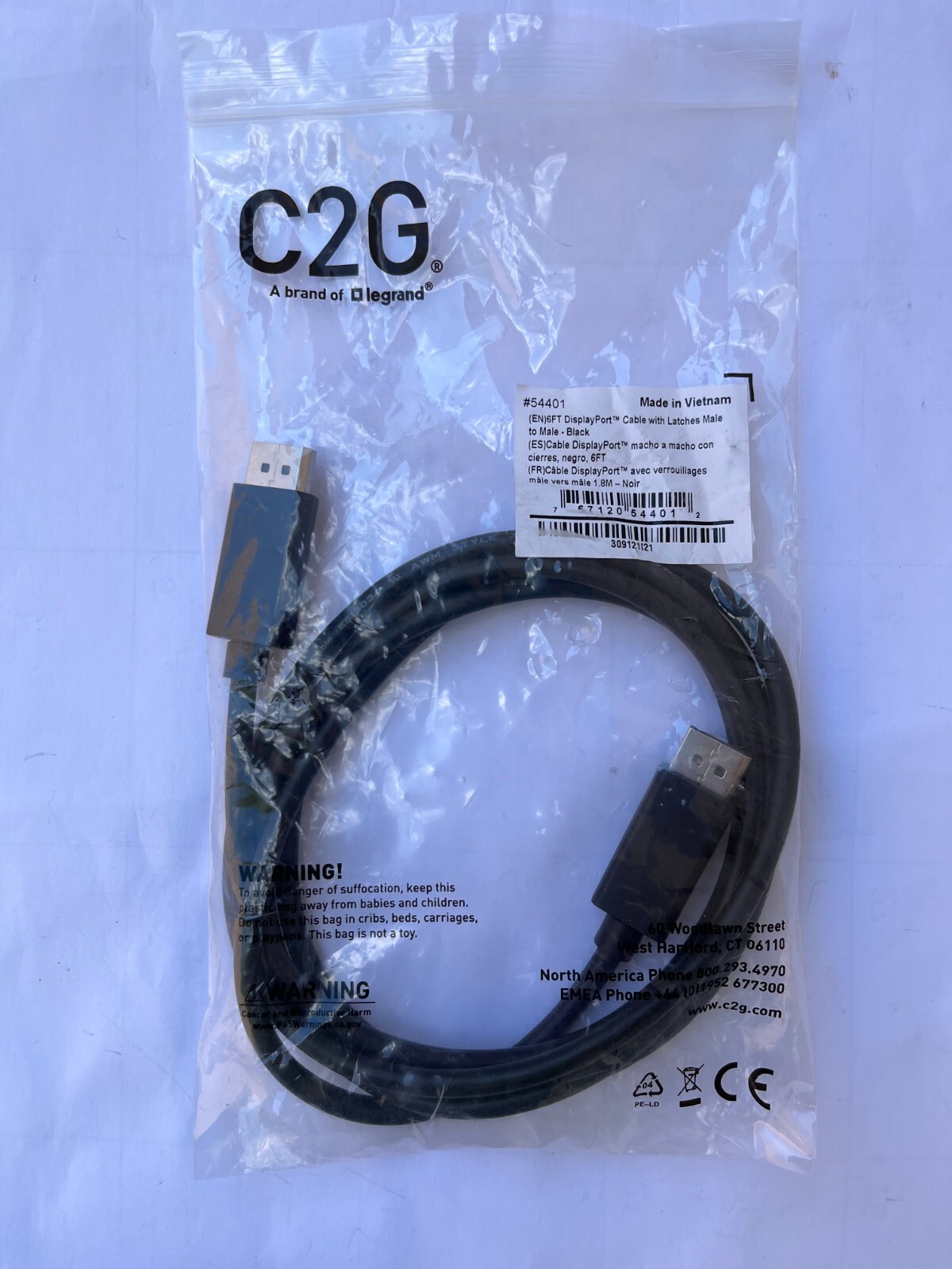C2G Cables to Go 54401 6ft DisplayPort Cable w/ Latches Male to Male Black NEW