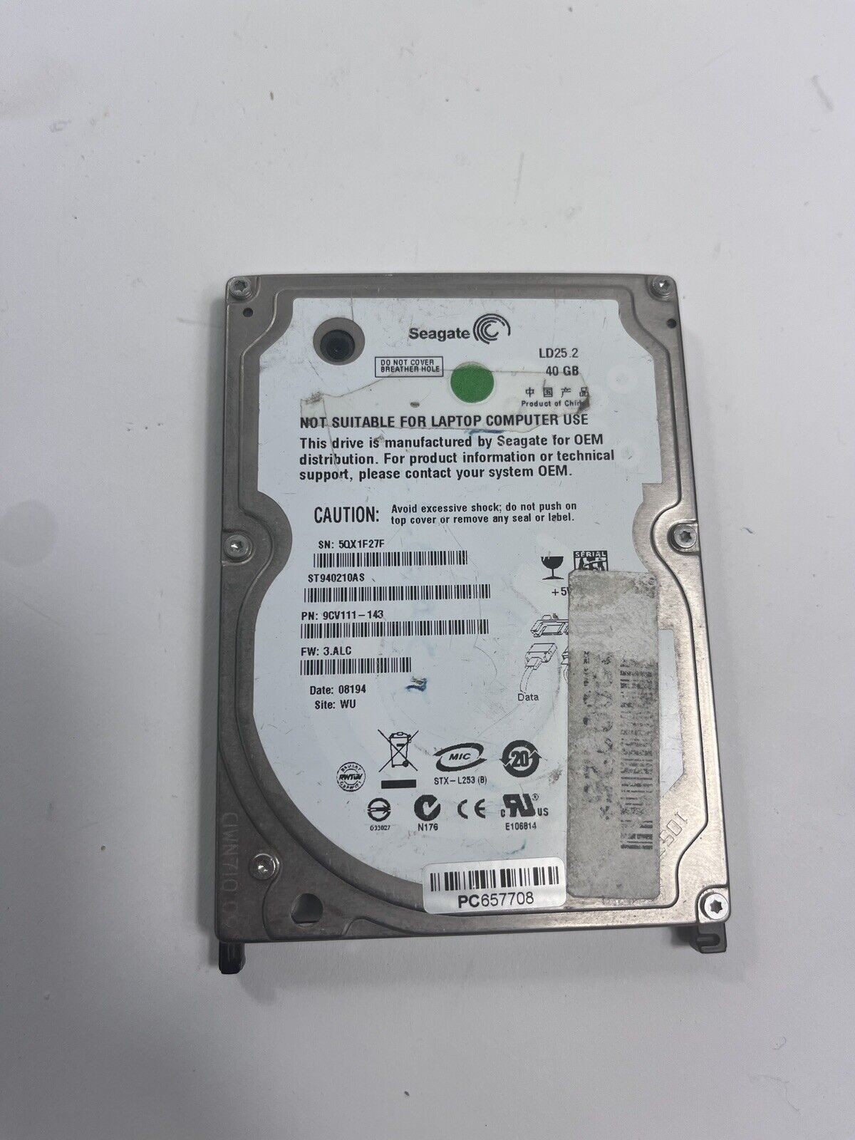 Seagate LD25.2 40GB HD. ST940210AS 9CV111-143 5400 RPM 2.5 SATA