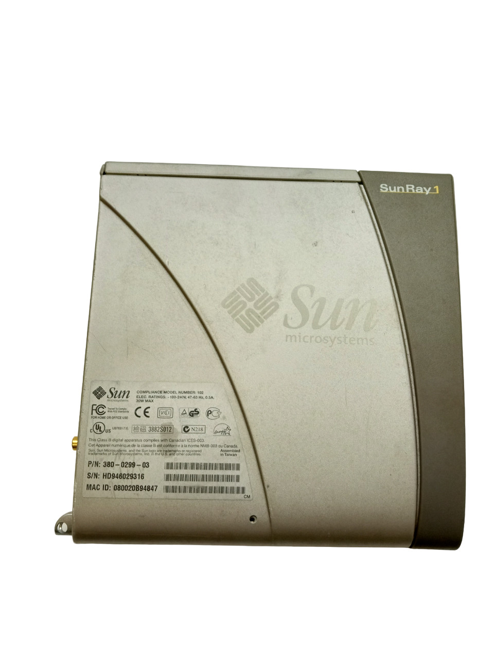 SUN MICROSYSTEMS SUNRAY 1 THIN CLIENT NETWORK TERMINAL W/POWER CORD 380-0299-03