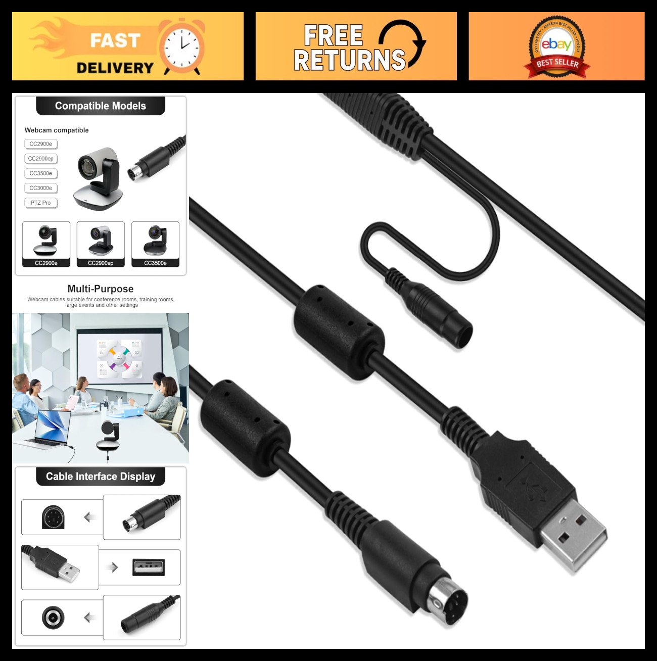 9.5FT Replacement USB Power Cable for Logitech PTZ Pro CC2900e 2900ep Webcam