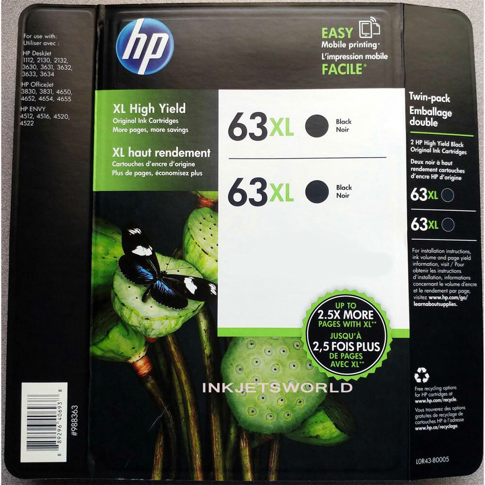 2pcs HP 63XL High-Yield Black Original Ink Cartridges Genuine