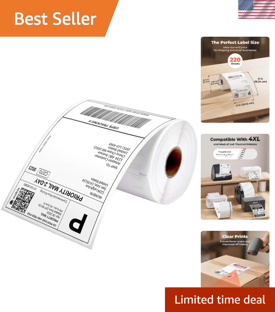 Cost-Effective 4"x6" Thermal Shipping Labels - 220 Labels, Ultra Strong Adhesive