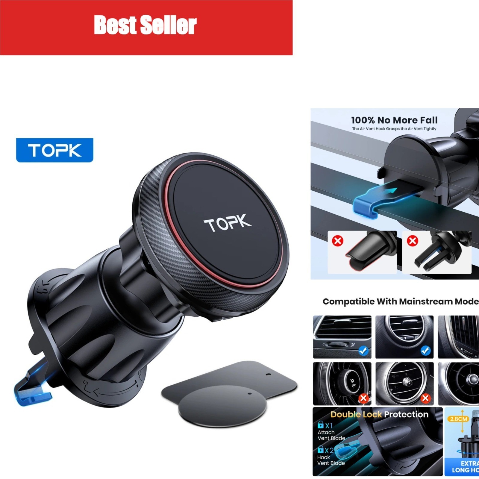 TOPK Magnetic Car Phone Holder Air Vent Mount 6 N52 Magnets Universal