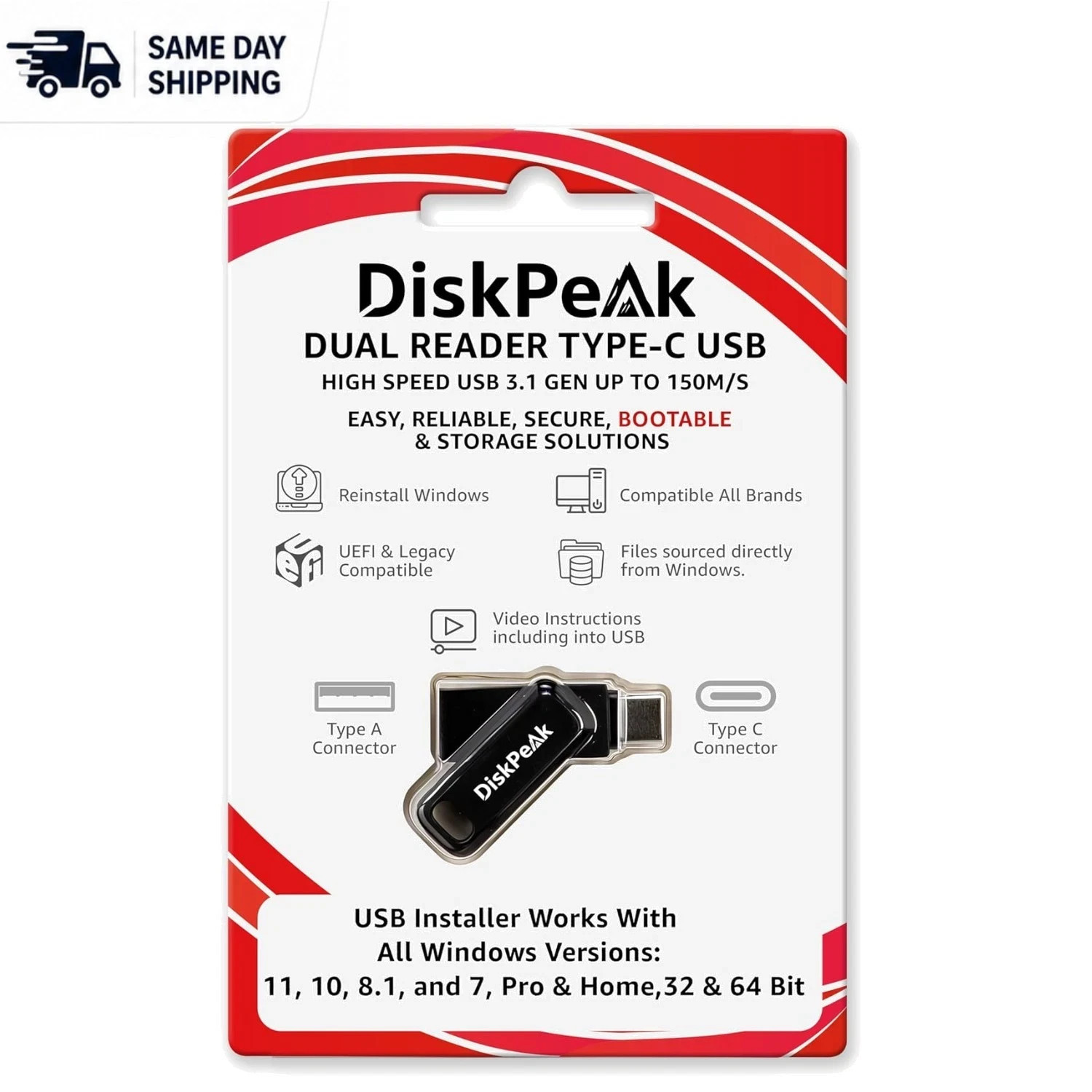 Universal 64GB Bootable USB Drive for Windows - Type-C & A - 150MB/s Speed 