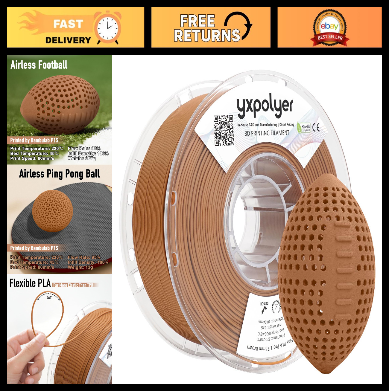 Flexible PLA Food-Grade 3D Printer Filament 1.75mm 1KG for Dog Toys & Bouncy Bal