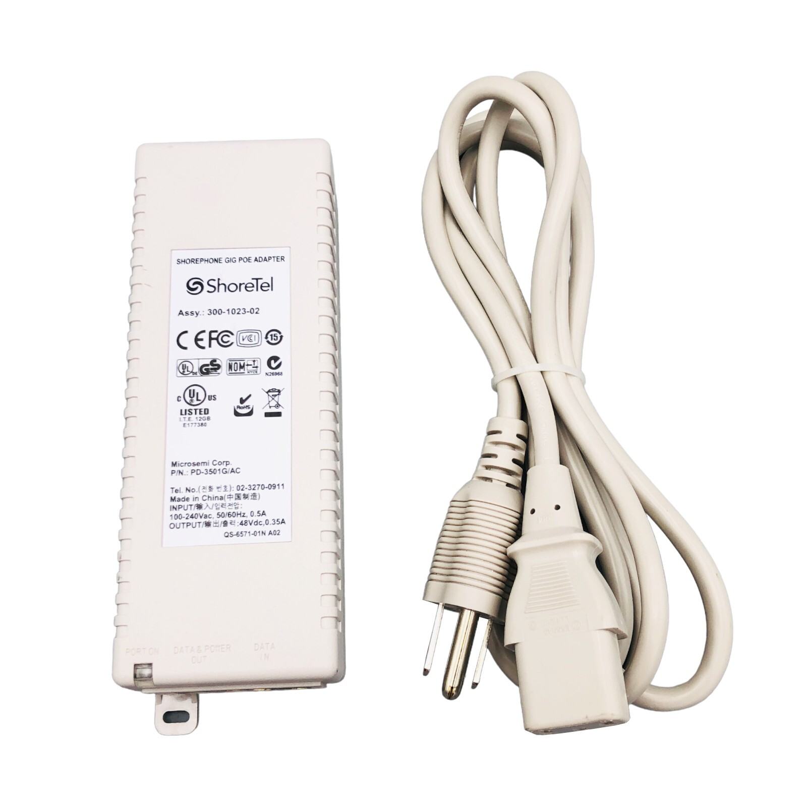Genuine ShoreTel Microsemi PD-3501G/AC Gig PoE Adapter 48V 0.35A - 300-1023-02