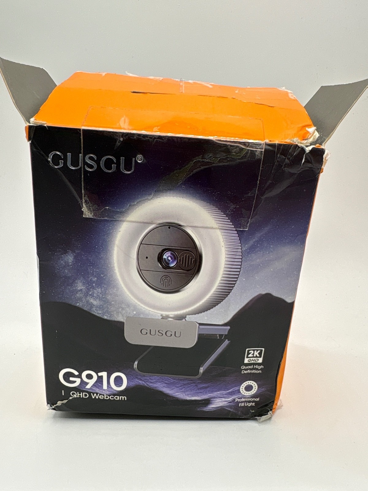 GUSGU G910 2K QHD Webcam with Ring Light and Fingerprint Privacy Cover