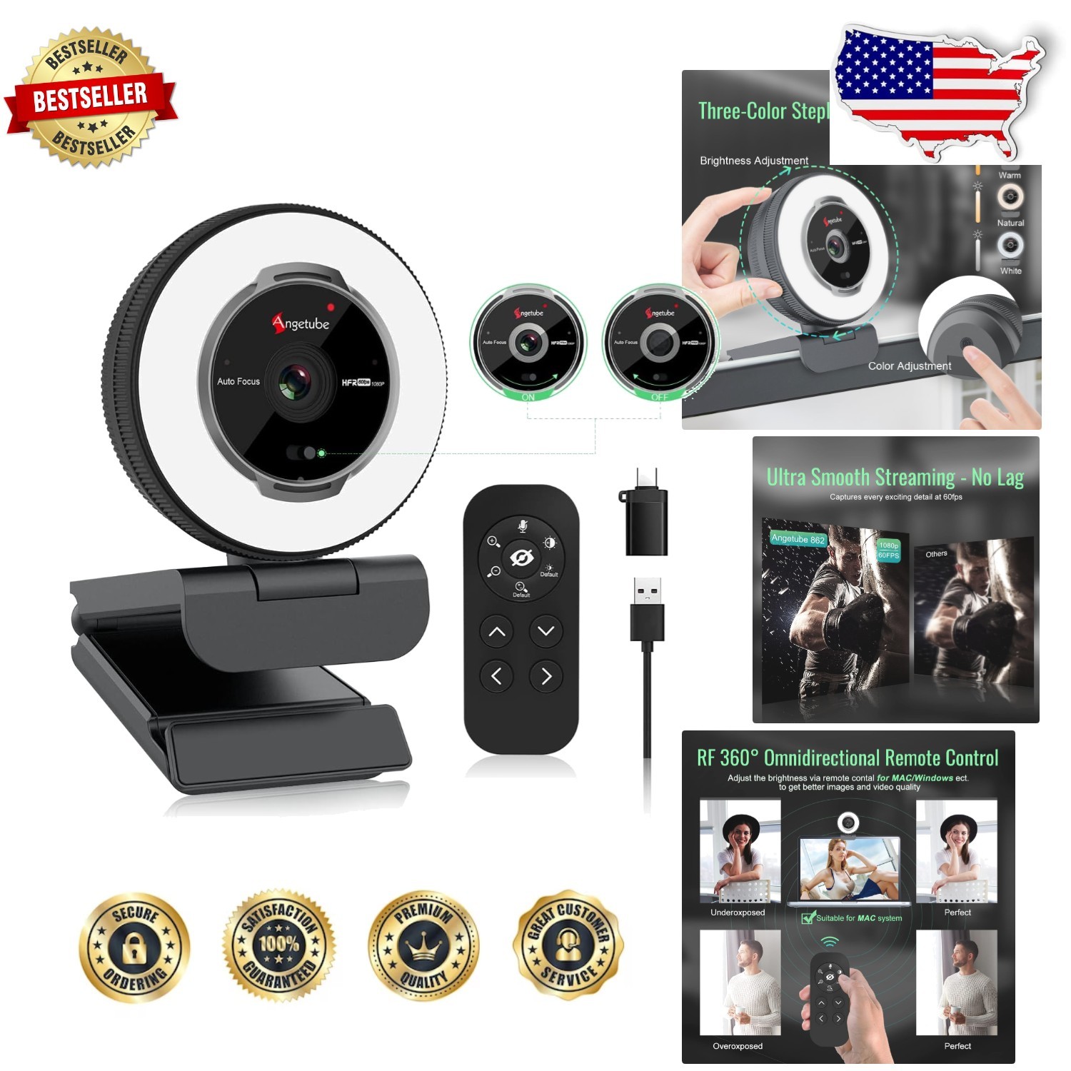 Pro 1080P Webcam, Auto Focus, Ring Light, Noise Cancelling Mic, Zoom Control