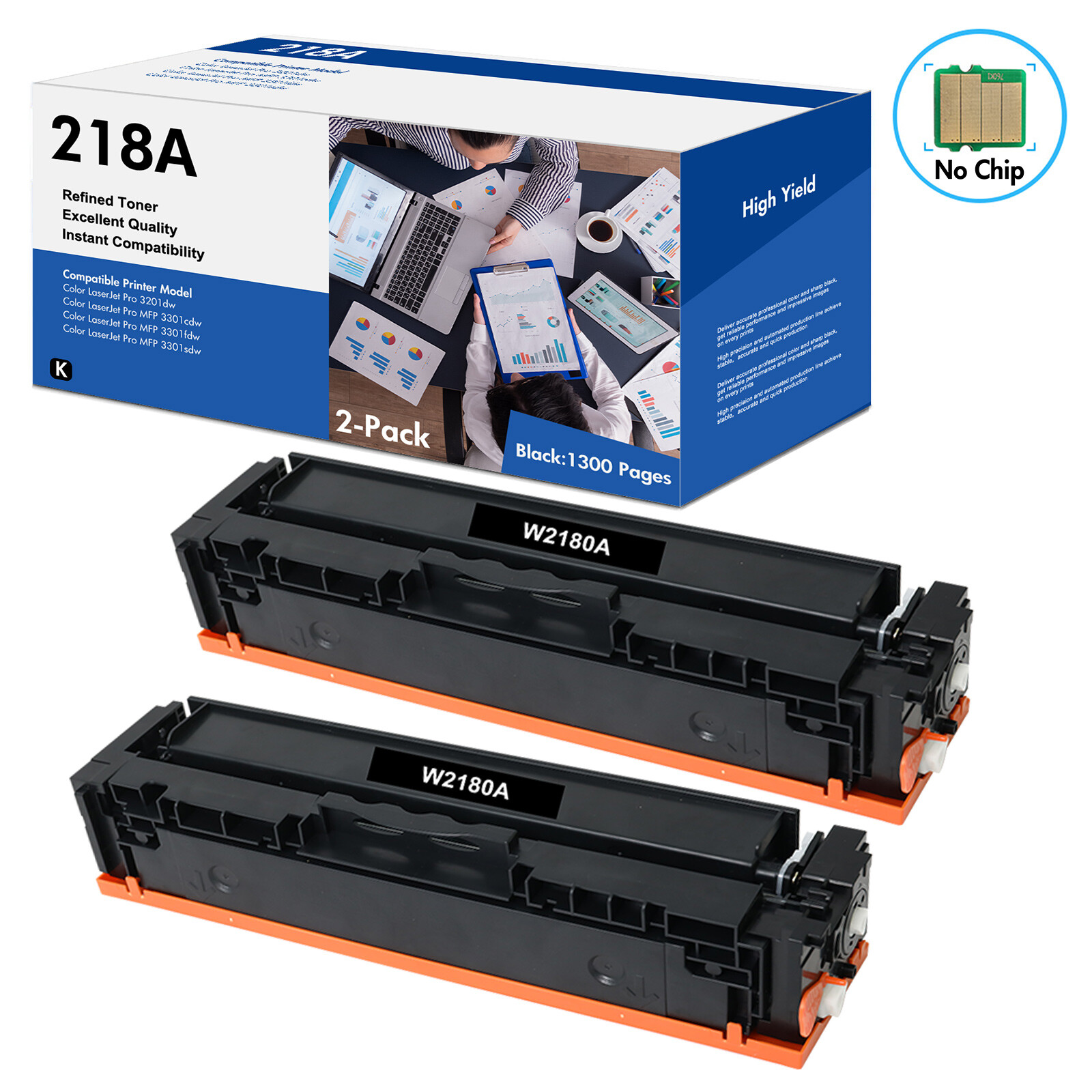 2 Pack W2180A BLACK Toner Fits for HP 218A LaserJet Pro MFP 3301 Series No Chip