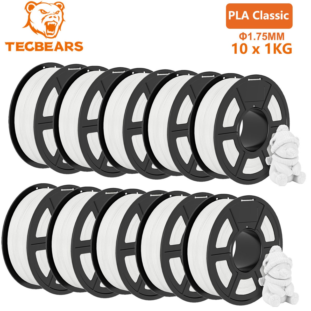 TECBEARS 10KG White PLA 3D Printer Filament 1.75mm 600mm/s PLA Classic Filament