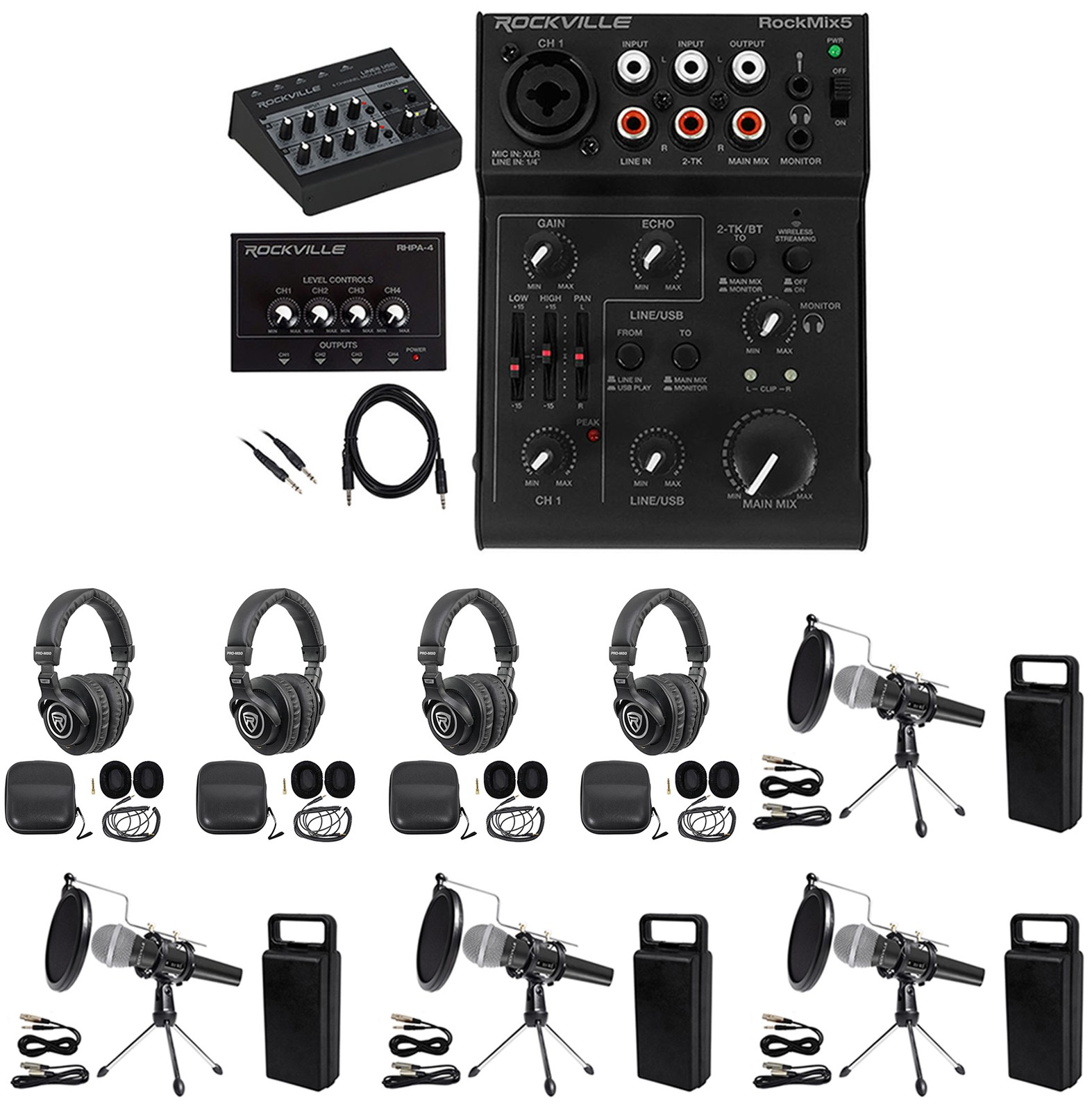 Rockville 4-Person Podcast Podcasting Recording Kit w/Mics+Stands+Headphones