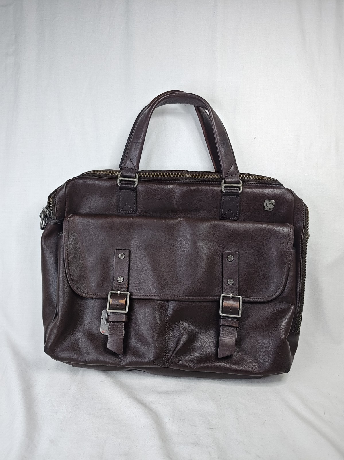 Tumi T-Tech Brown Leather Briefcase Laptop Bag Messenger Missing Buckle READ 