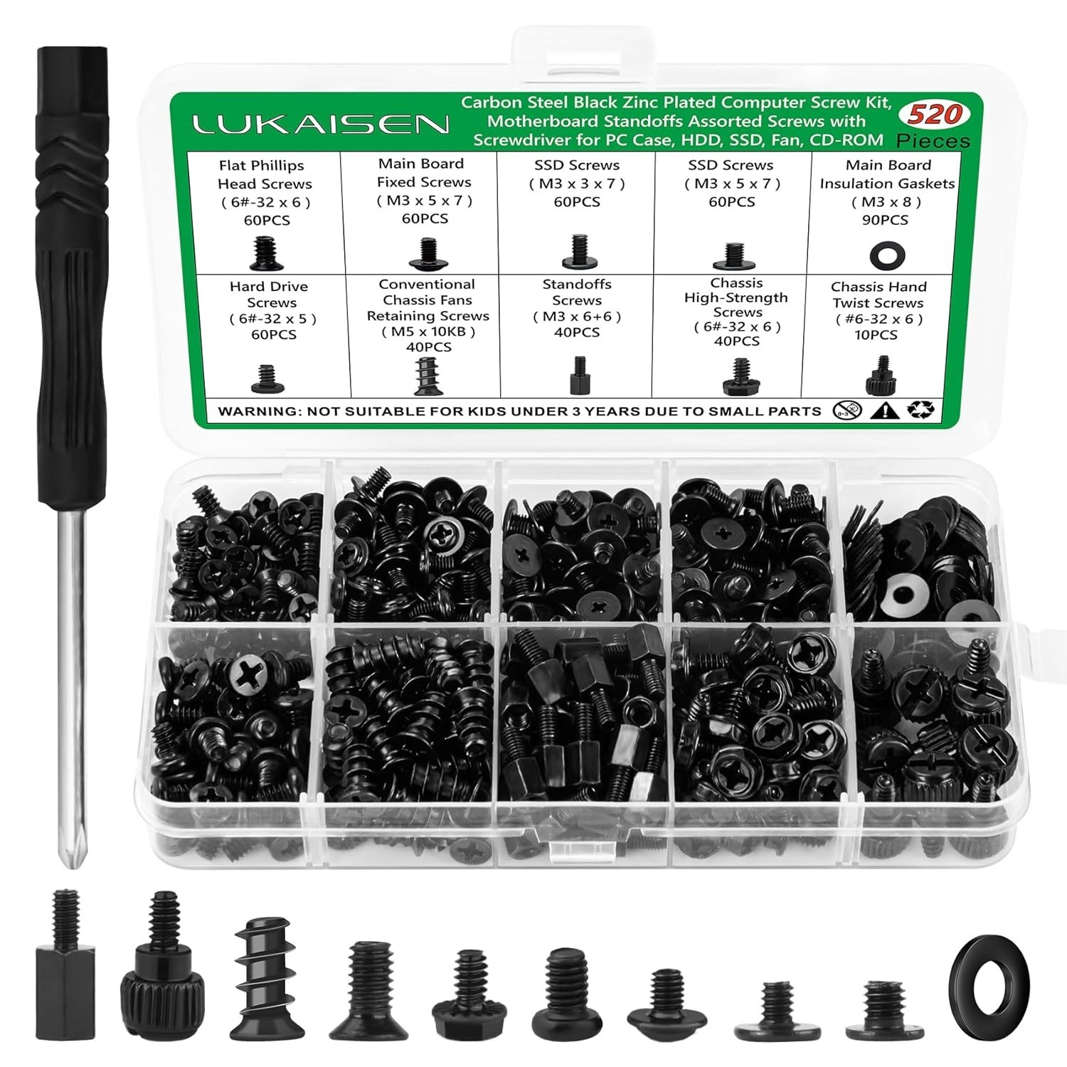 Kit surtido de 520 tornillos computadora 6 32 macho a M3 hembra acero al carbono