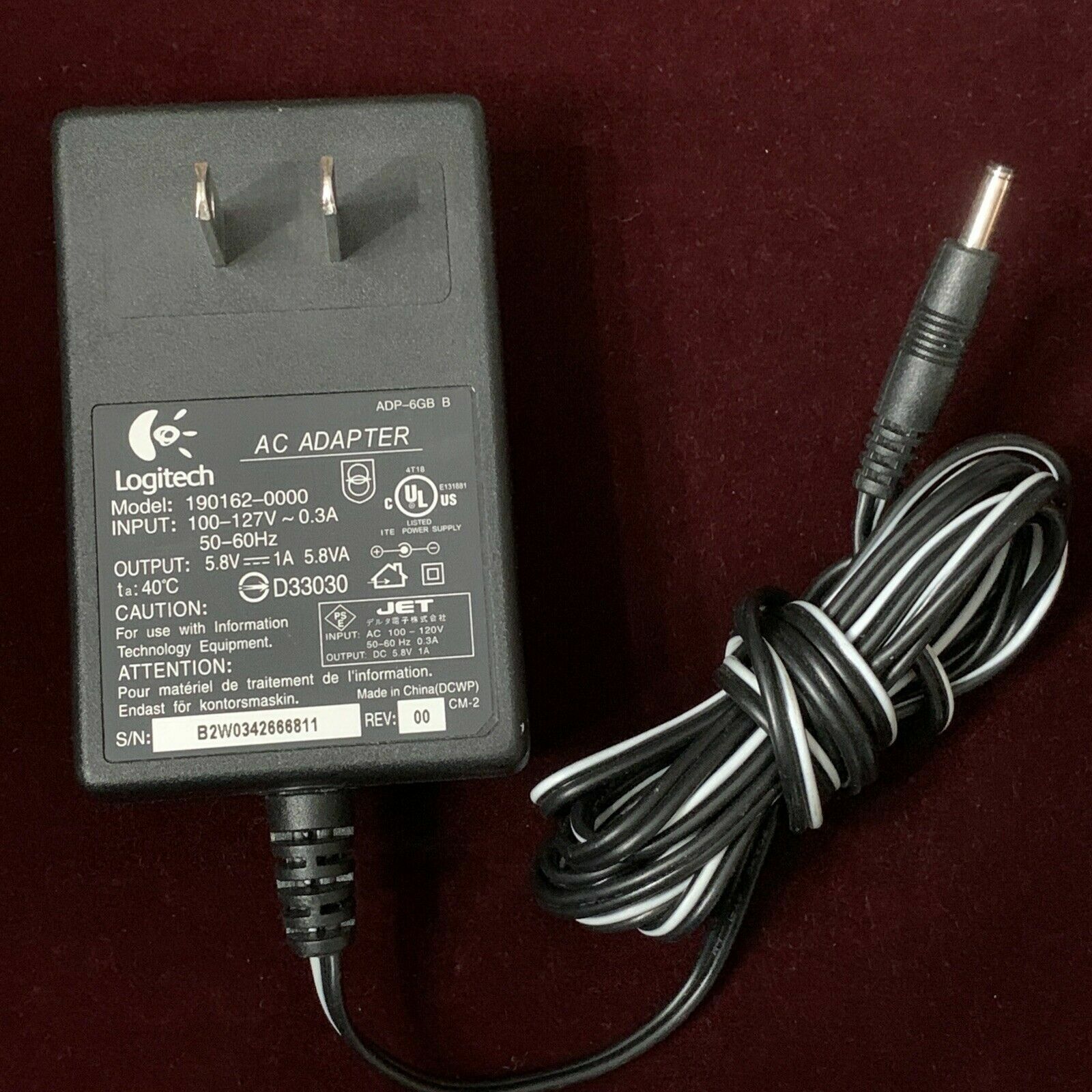 OEM LOGITECH AC Adapter Model 190162-0000 Output 5.8V  1.0A