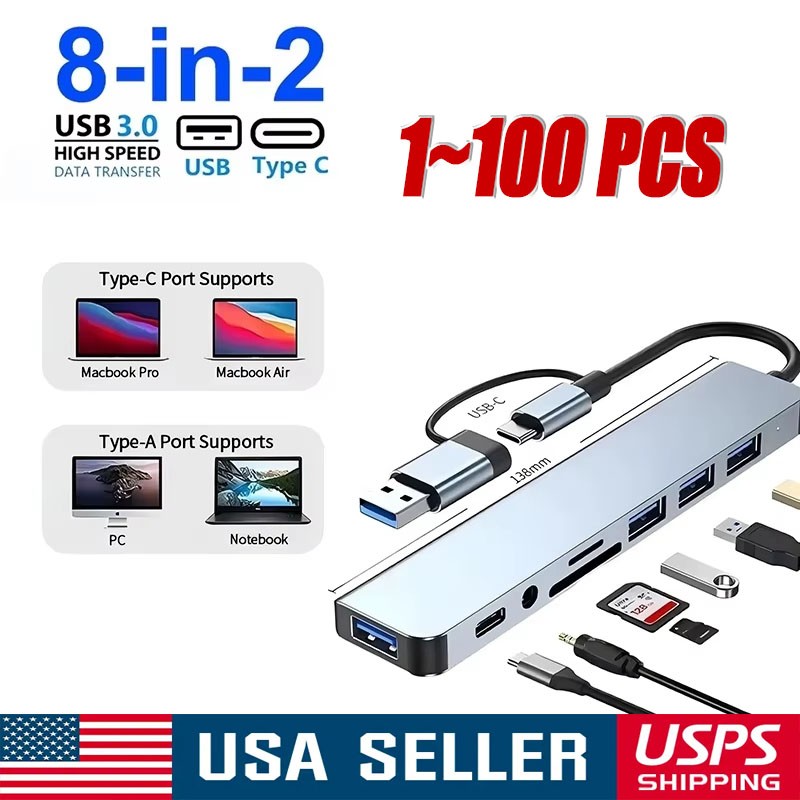 8 Port USB-C Hub Adapter - 5G Speed Multi Splitter for PC, Laptop & MacBook LOT