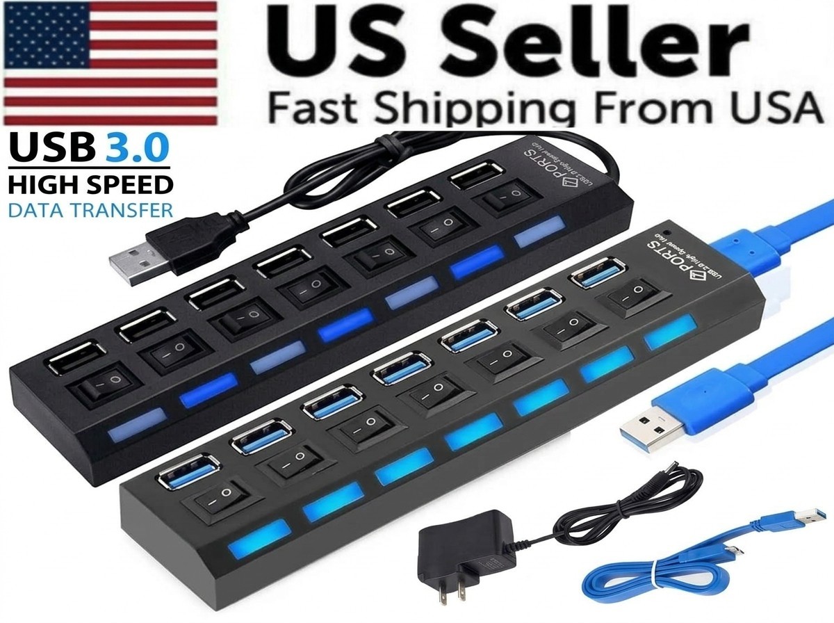 7 Port USB 2.0 / 3.0 Hub Splitter Adapter High Speed For PC Laptop Mac Desktop