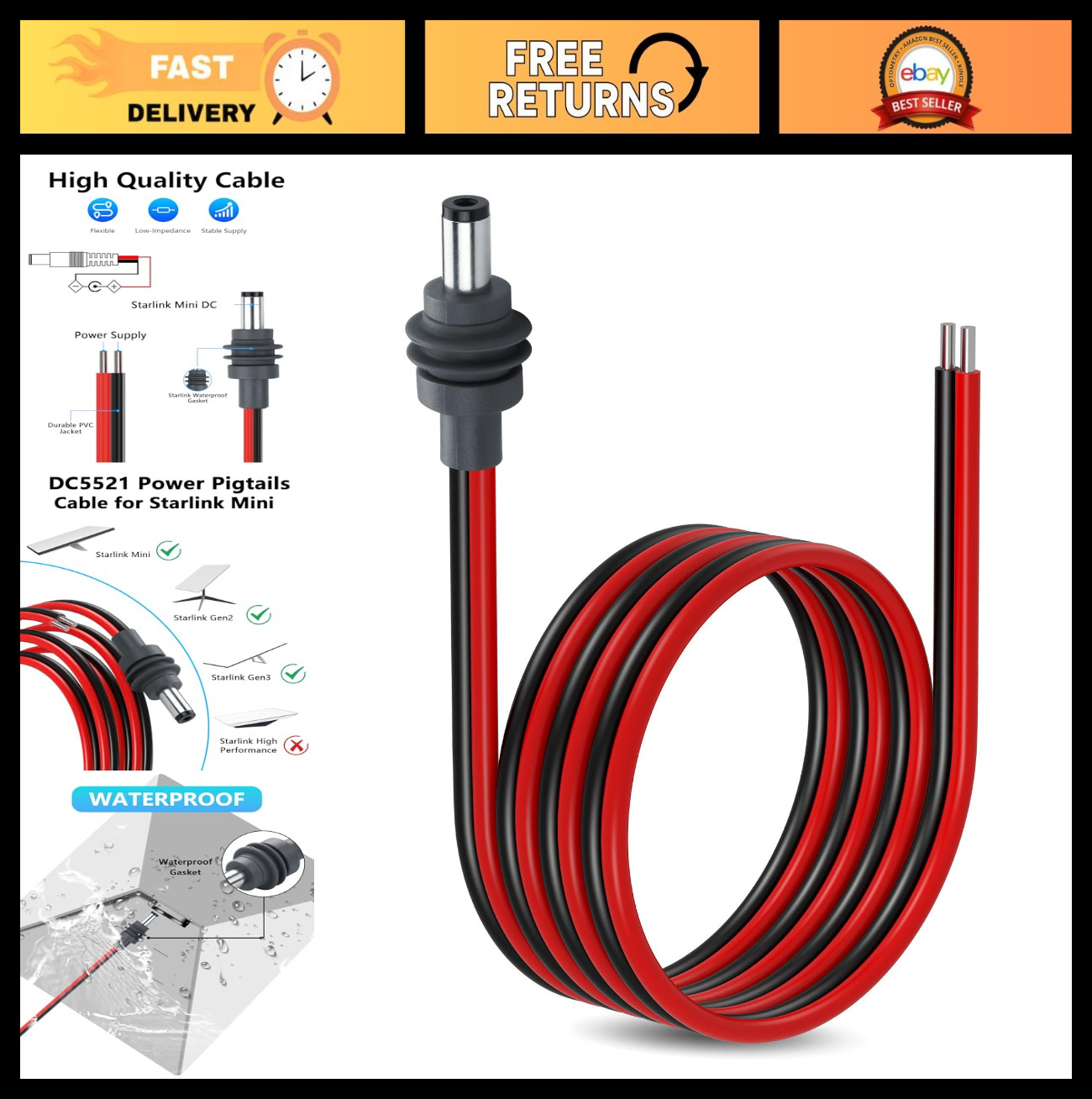 14AWG DC Power Pigtails Cable for Starlink Mini, 5.5mm x 2.1mm Male to Bare Wire