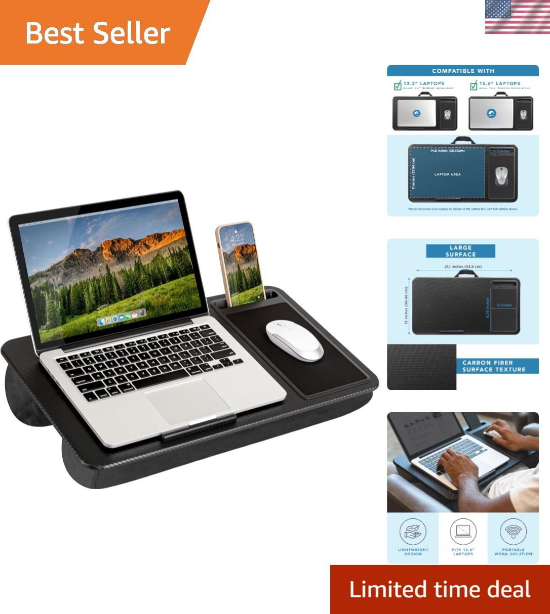 Elegant Black Carbon Lap Desk with Integrated Mouse Pad & Phone Slot - 15.6"