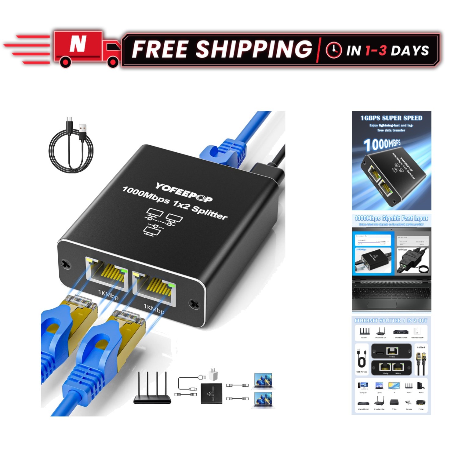 Compact Gigabit Ethernet Splitter 1-2 Ports - Plug and Play for Effortless Setup