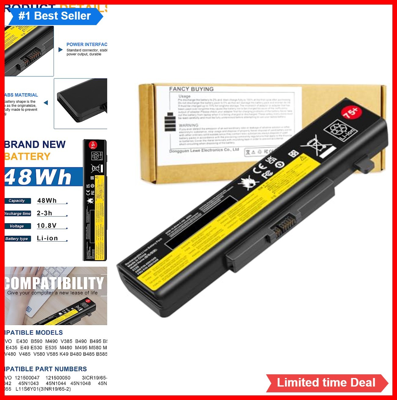 Laptop Battery 10.8V 5200mAh 6 Cell Li-ion for E430 E530 E540 E431 E440 E445