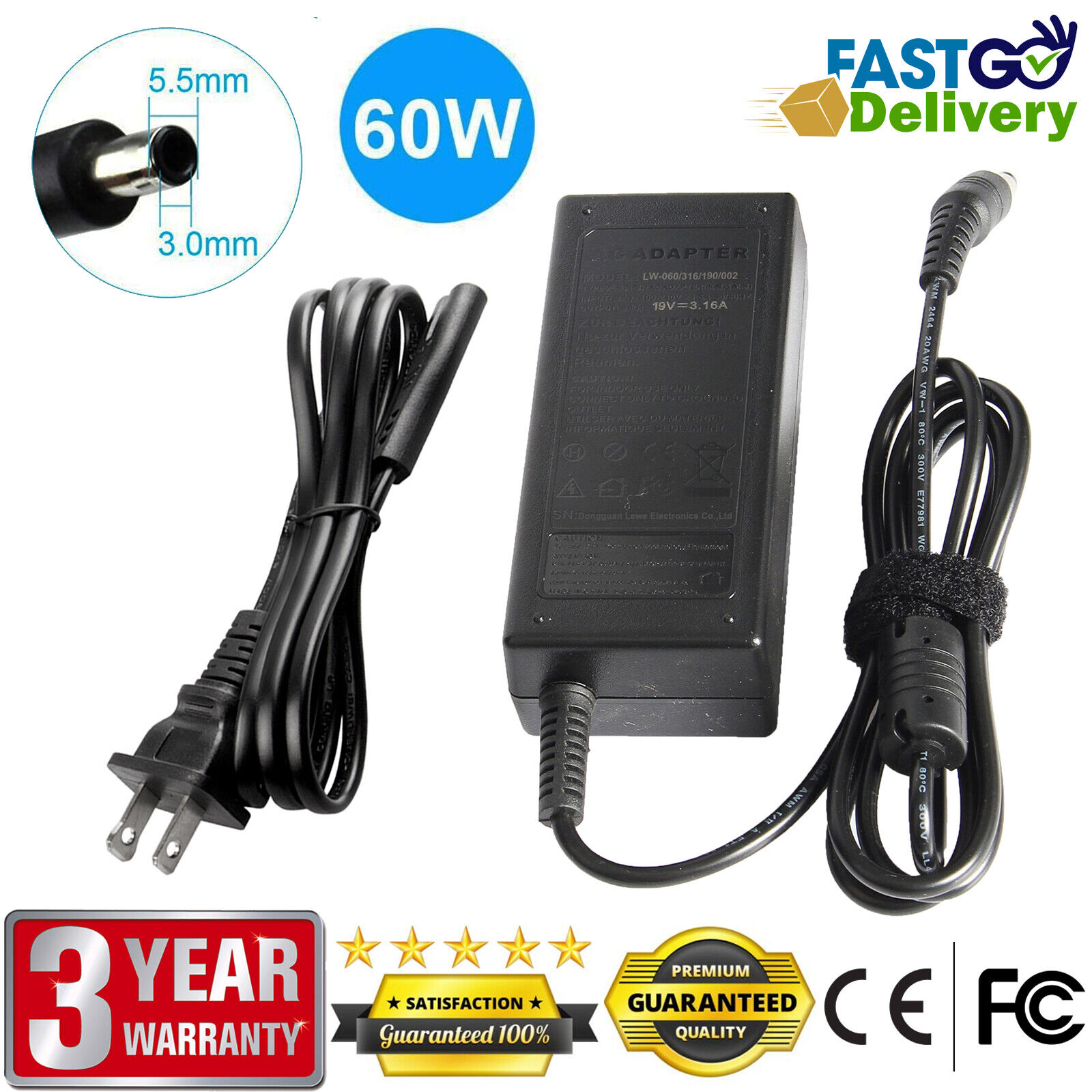 19V 3.15A 60W AC Power Laptop Charger Adapter For Samsung CPA09-004A AD-6019R
