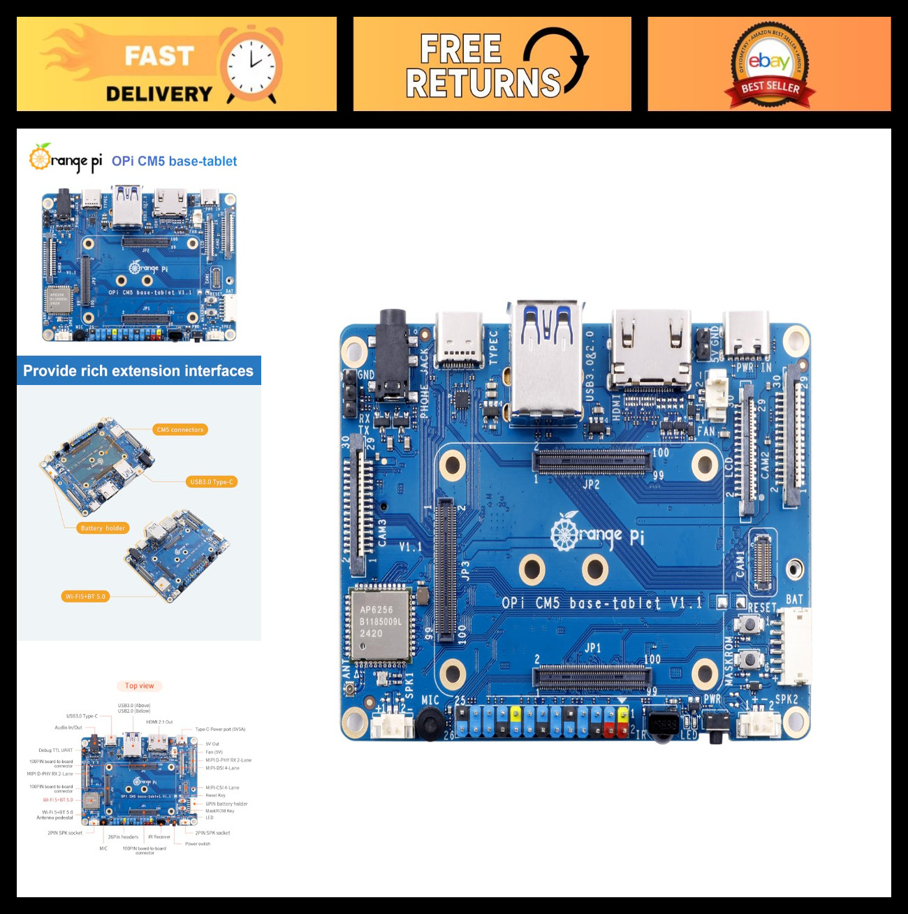 Orange Pi CM5 Baseboard, M.2 Slot, WiFi 5.0, Bluetooth 5.0, Compatible with CM5