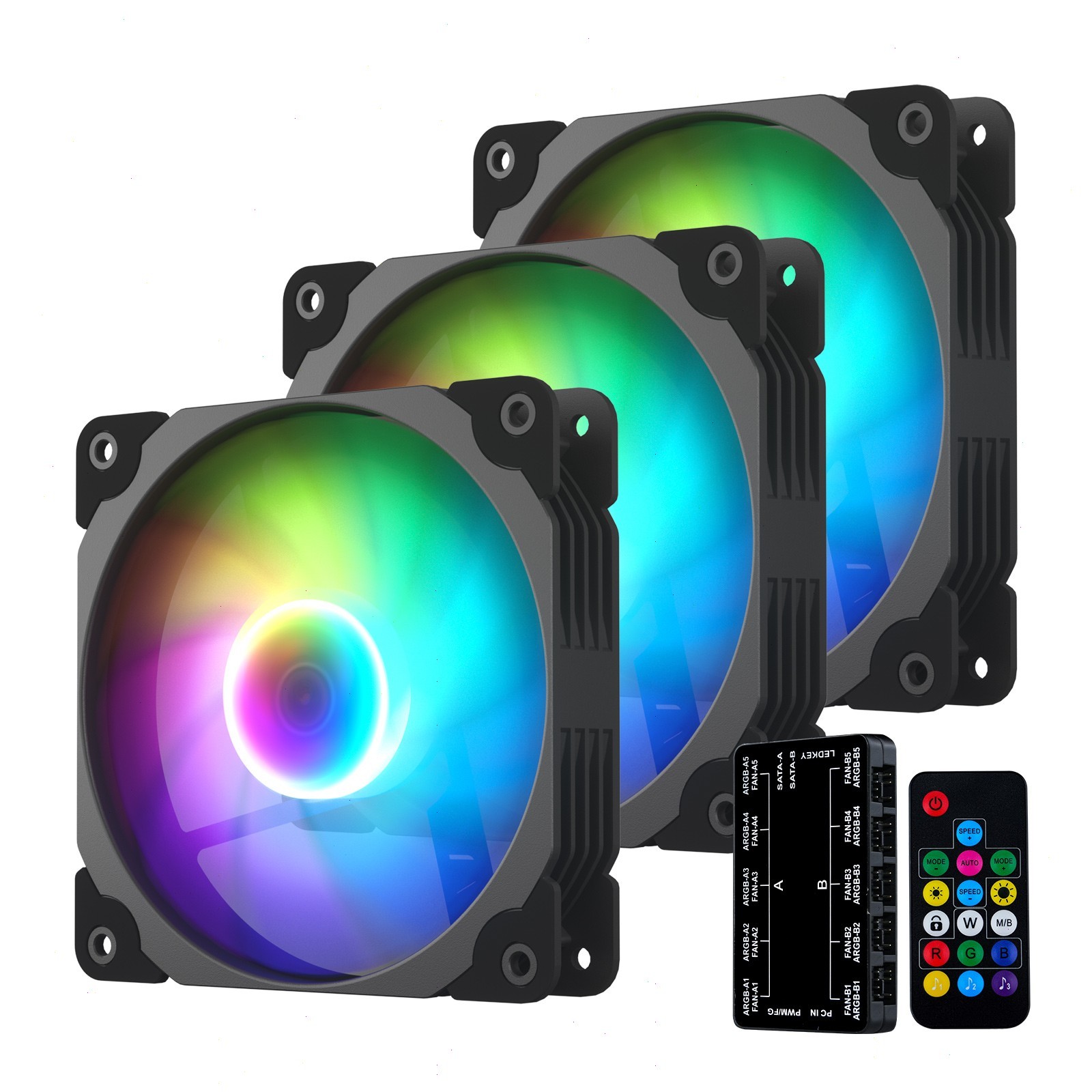 Vetroo 3-Pack Computer Case Fan 120mm ARGB & PWM Fans w/ Controller Hub - Black