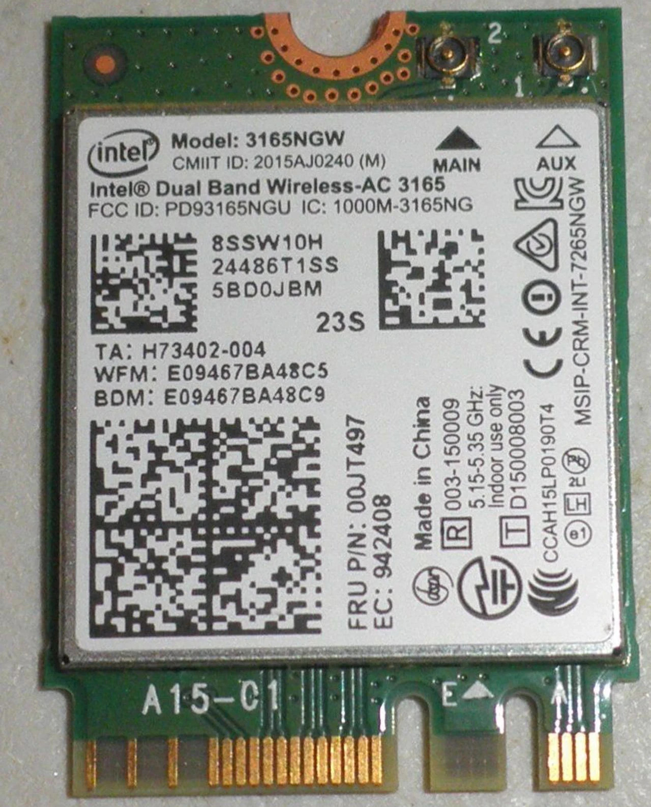 Lenovo 00JT497 Intel Model 3165NGW Dual-Band Wireless-AC 3165 NGFF M2 WiFi Card 