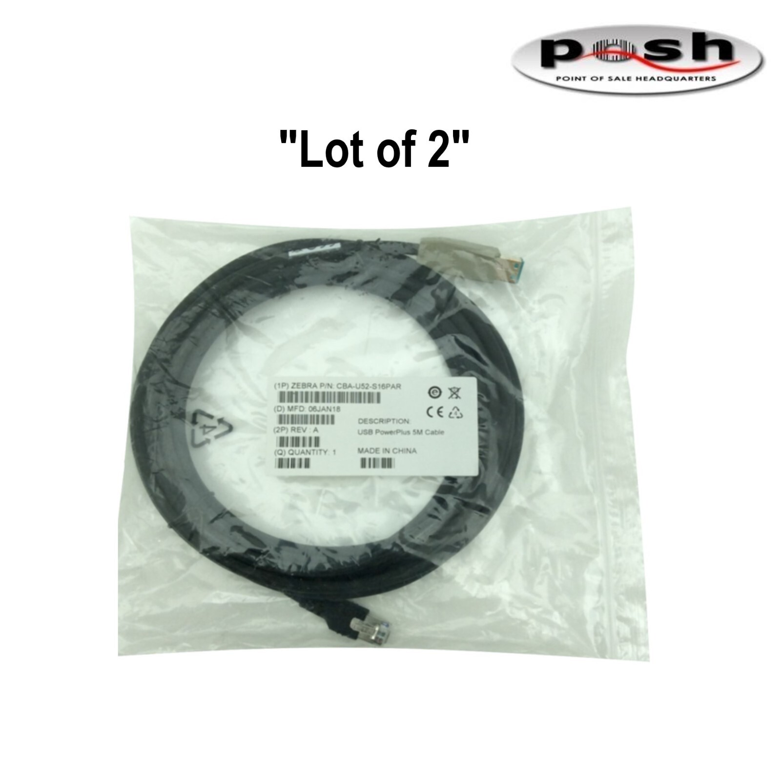 "Lot of 2" CBA-U52-S16PAR Zebra USB Cable for MP7001/MP6000.  Unused