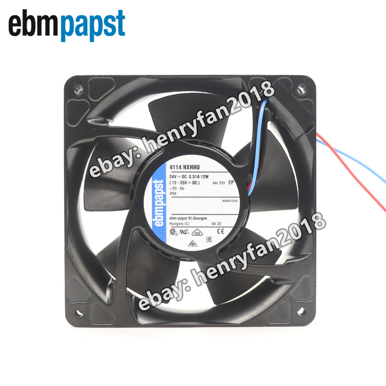 Ebmpapst 4114NXHHU Axial Fan 24V 12W 0.51A IP68 120*120*38MM Cabinet Cooling Fan