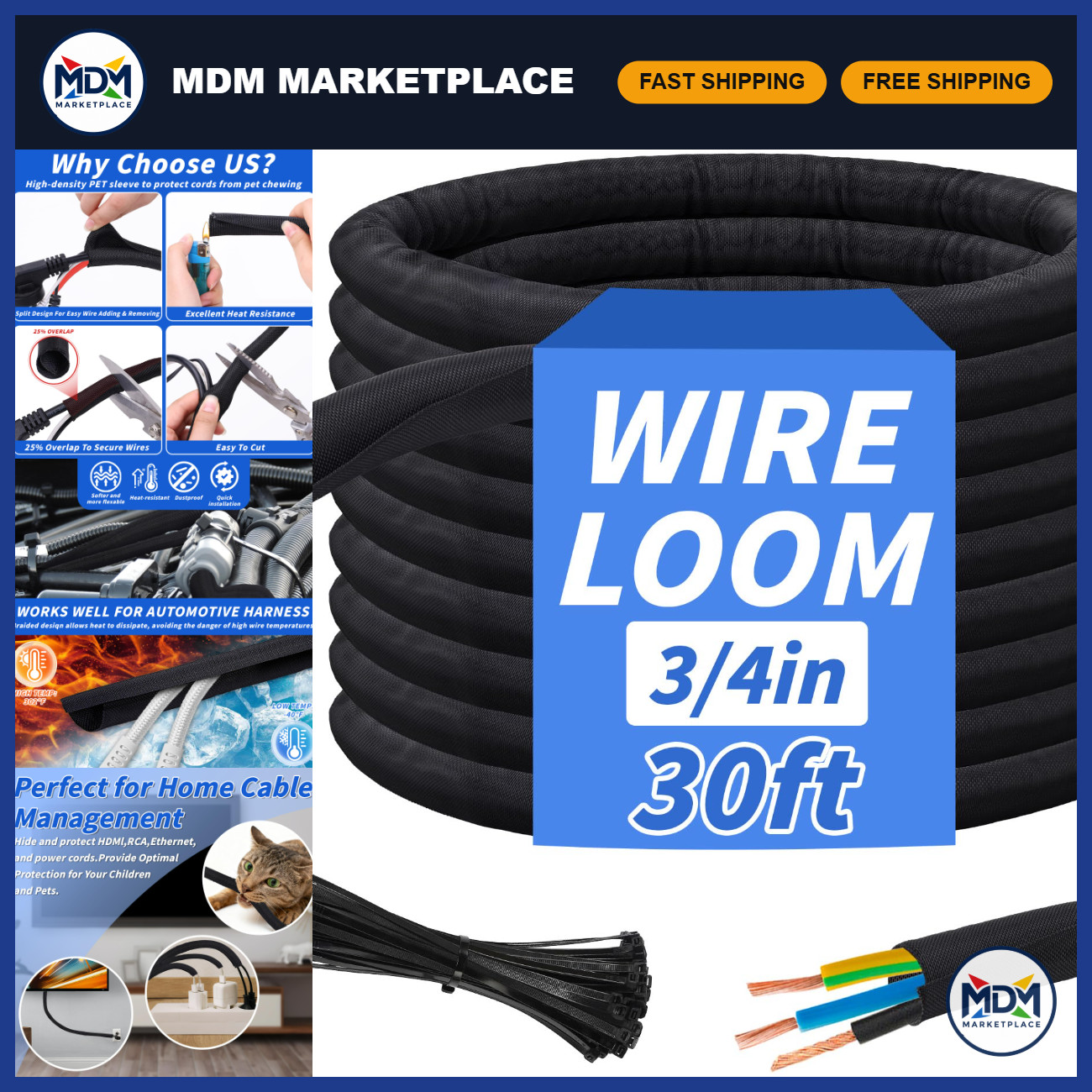30ft 3/4in Split Braided Cable Sleeve, Self-Wrapping Wire Management Tool