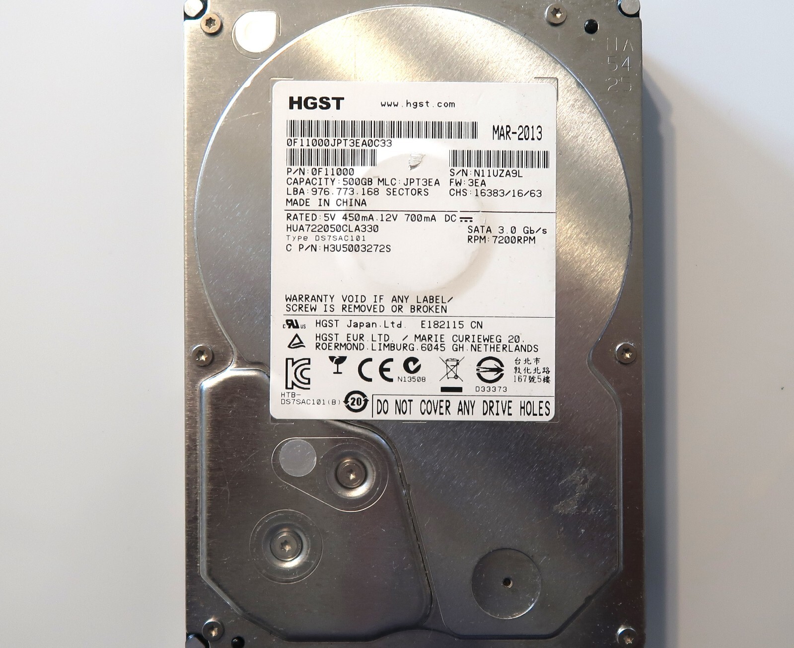 Hitachi HUA722050CLA330 0F11000 JPT3EA FW:3EA China 500gb 3.5" Sata HDD MAR-2013