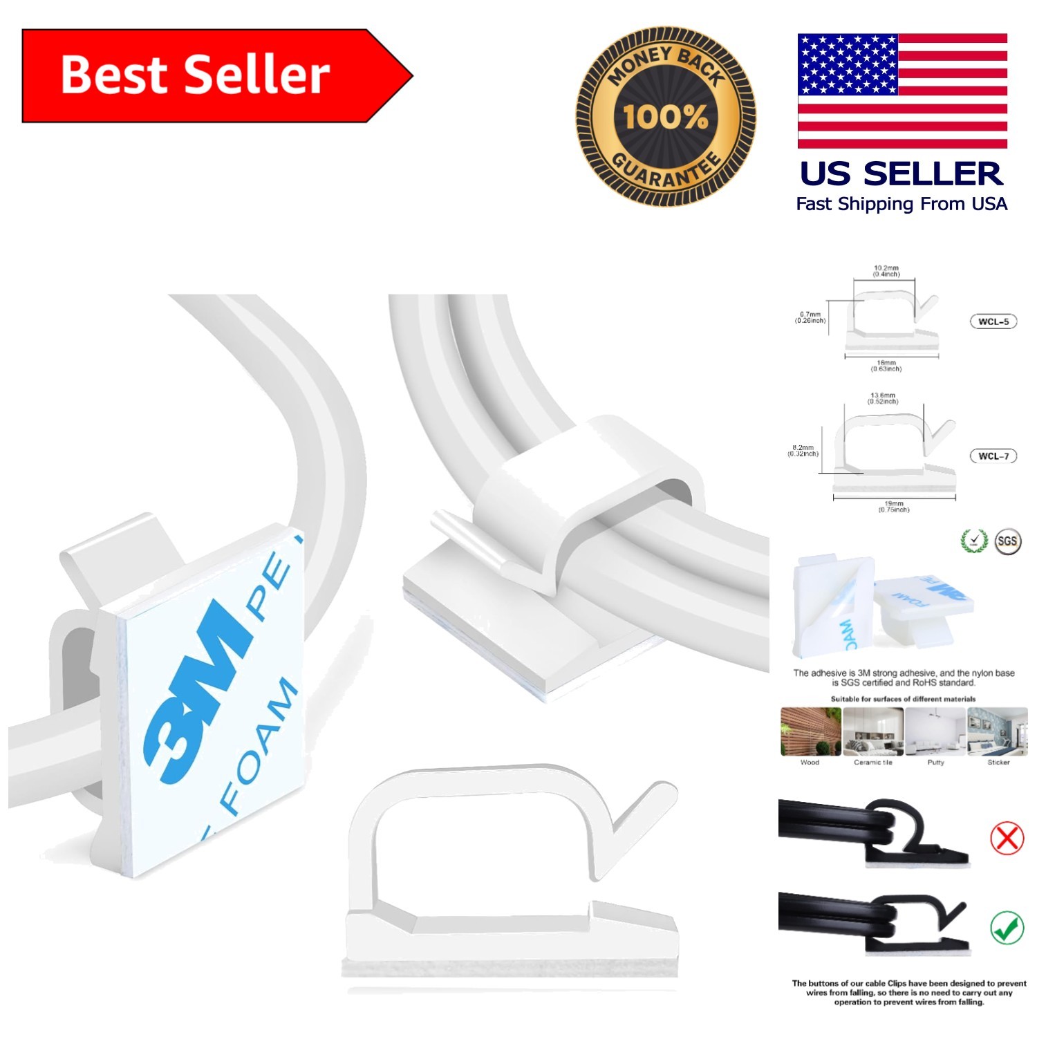 3/4” Adhesive Cable Clips - 60PCS  Nylon Wire Organizers for All Surfaces