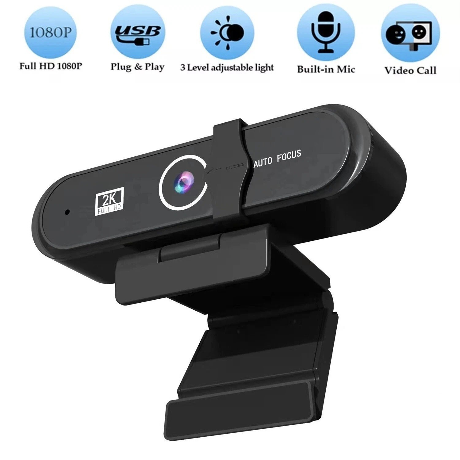 2K HD Web Camera with Microphone Ring Light Autofocus Pro Computer Gaming Webcam