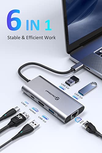 UTECHSMART USB C HUB, USB C ETHERNET MULTIPORT ADAPTER, 6 IN 1 -  SILVER (Gray)