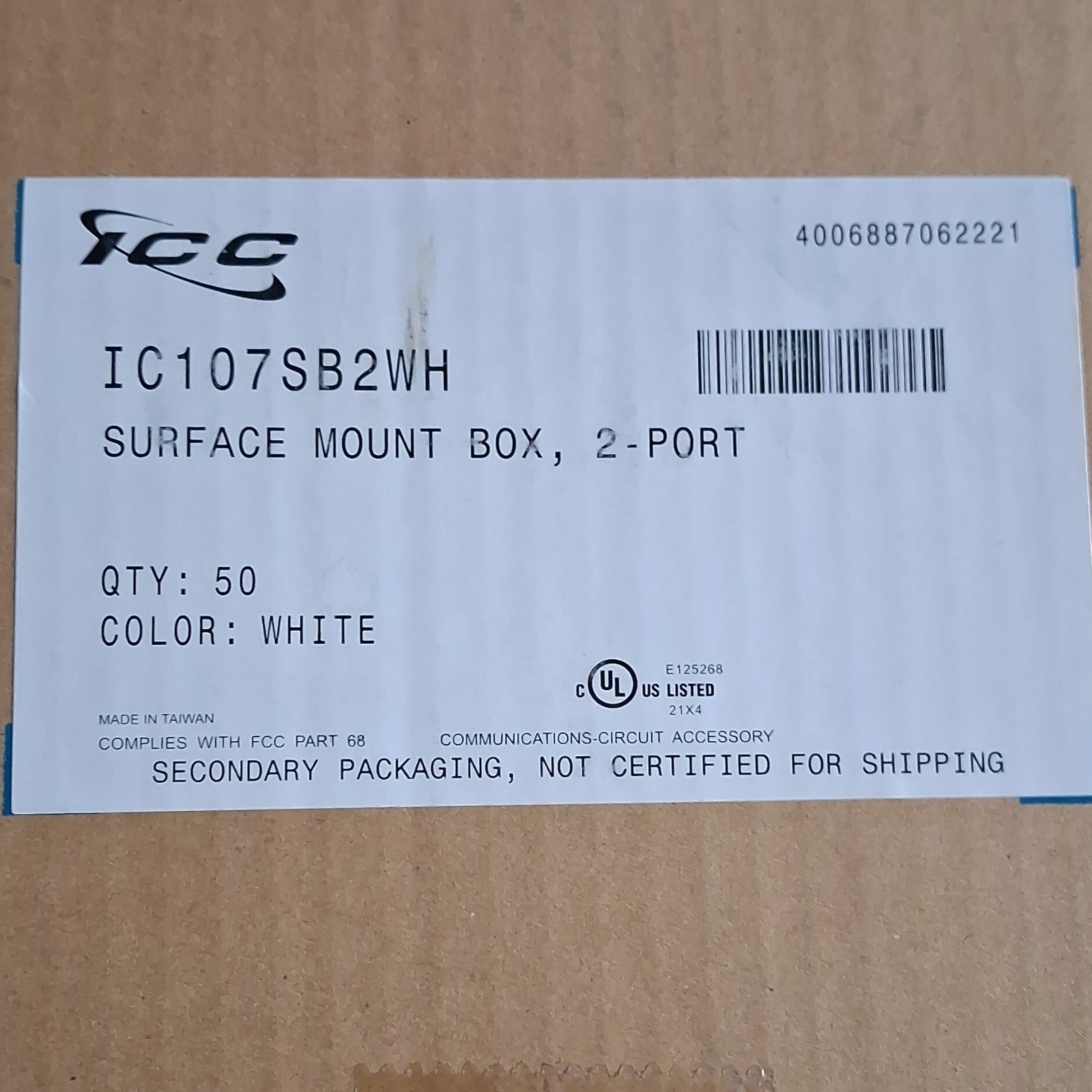 ICC Surface Mount Box 2-Port White IC107SB2WH Network Cable Wiring Accessory
