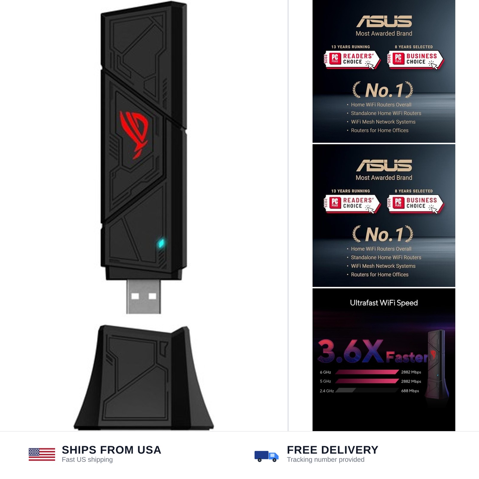 ASUS ROG USB-BE92 Tri-Band BE6500 WiFi 7 USB Adapter, 6GHz Band, Support 4096...