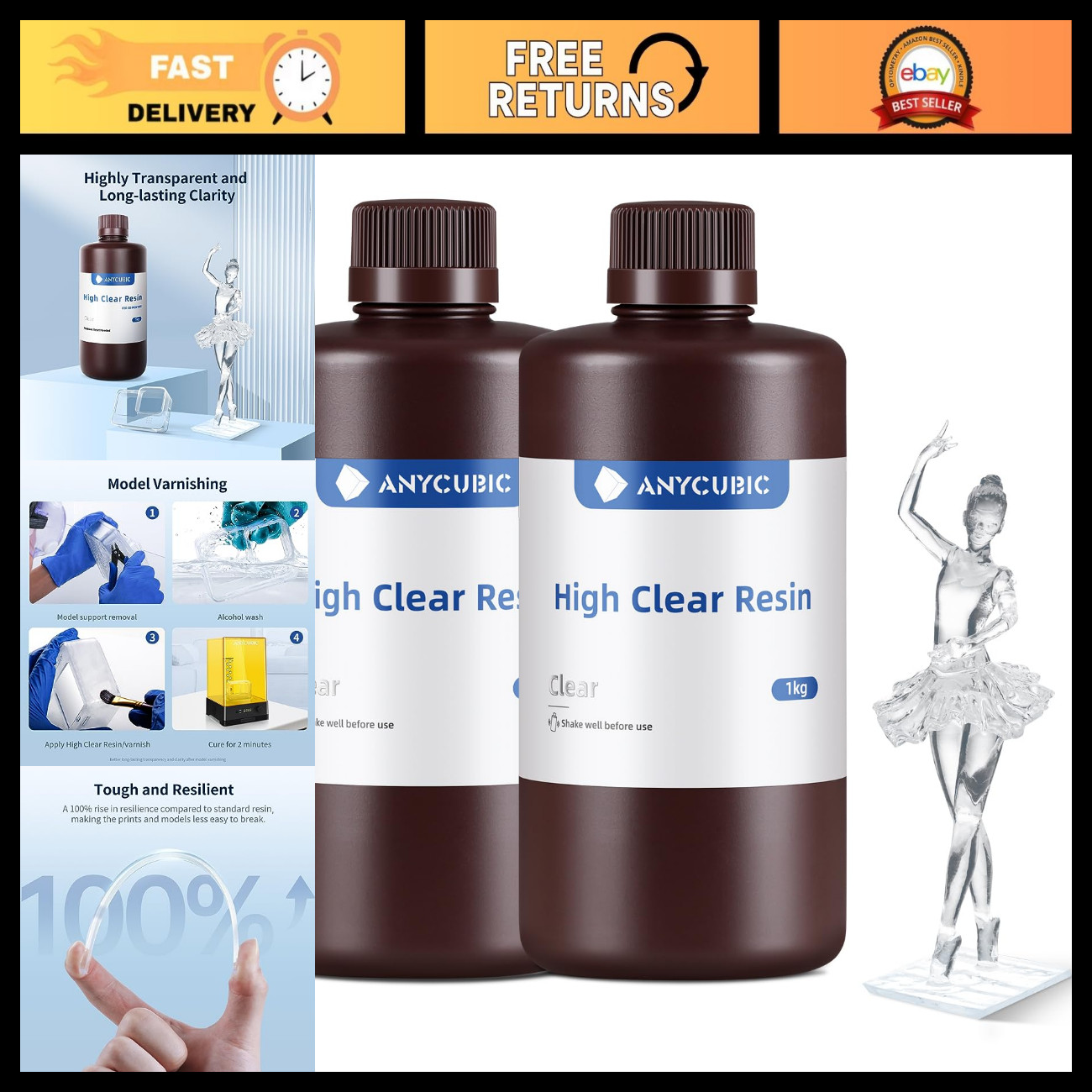 High Clear 3D Printer Resin - Low Odor, Tough, Yellowing Resistant, 2kg Compatib