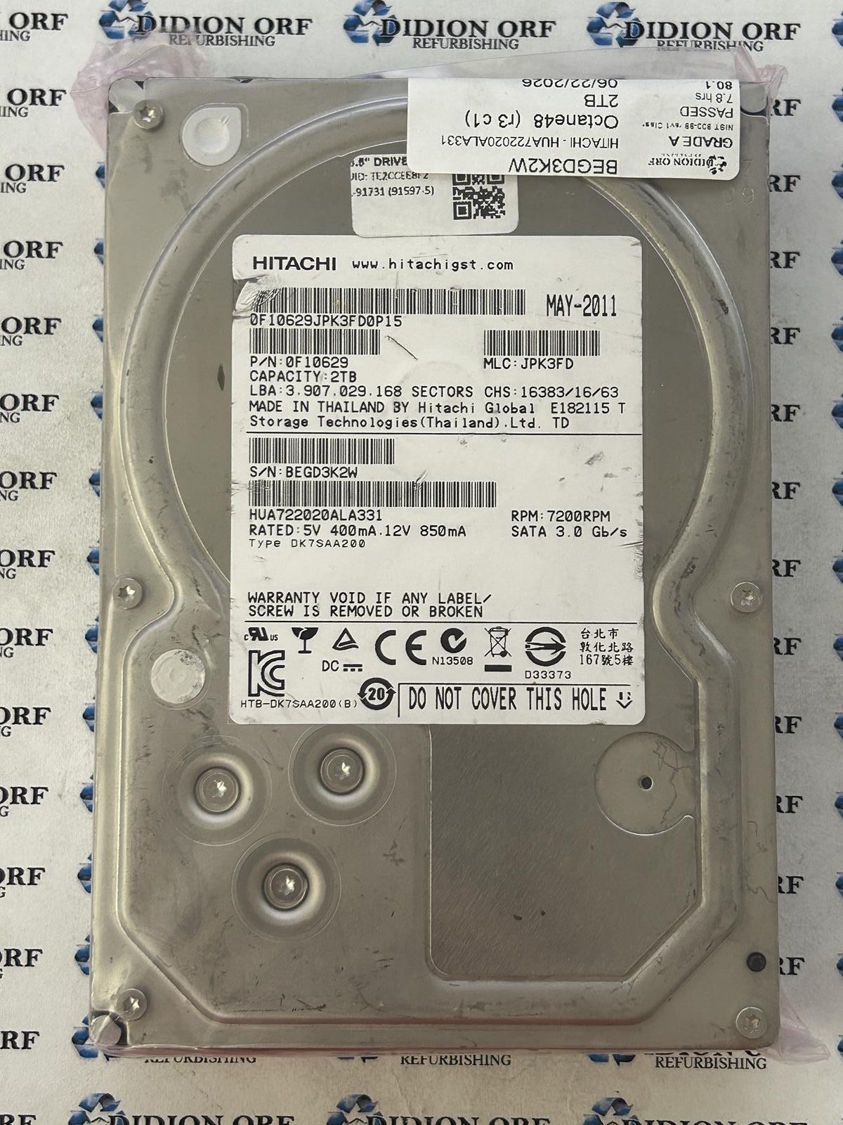 HITACHI 2TB 3.5" SATA HDD 7200 RPM HUA722020ALA331, GRADE B, SKU 10777