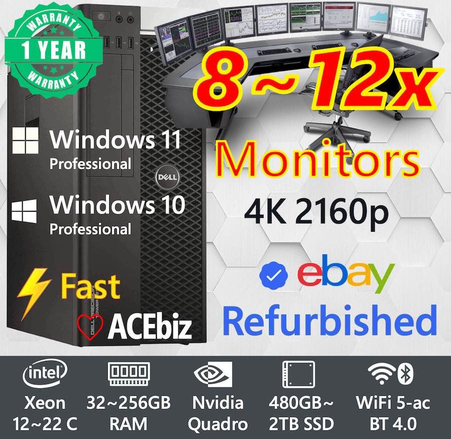 Dell Trading Computer 8~12x Monitor Windows 11 pro Xeon up to 256GB RAM SSD WiFi