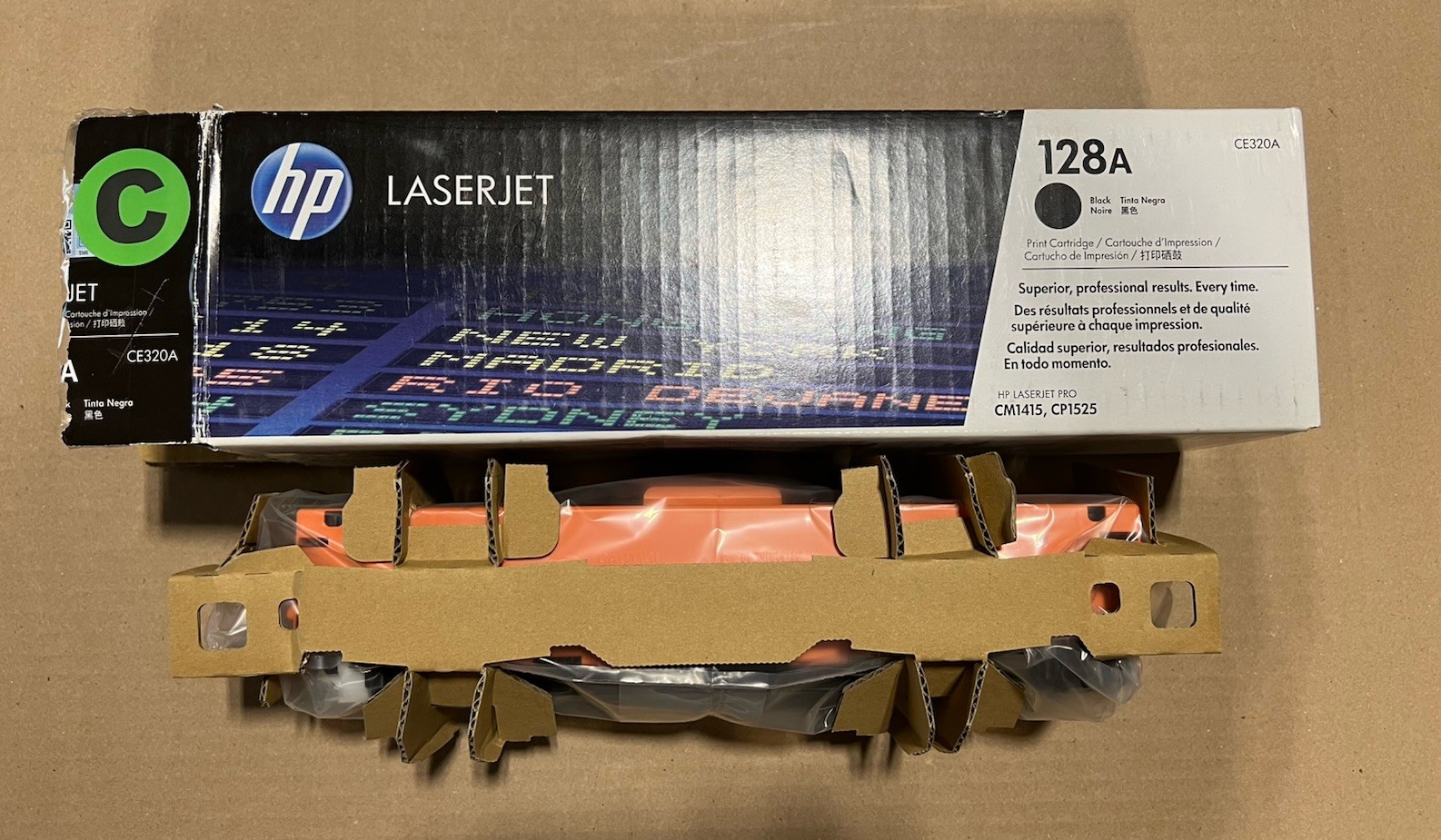 OEM HP 128A (CE320A) Black LaserJet Toner Cartridge - Open/Worn Box