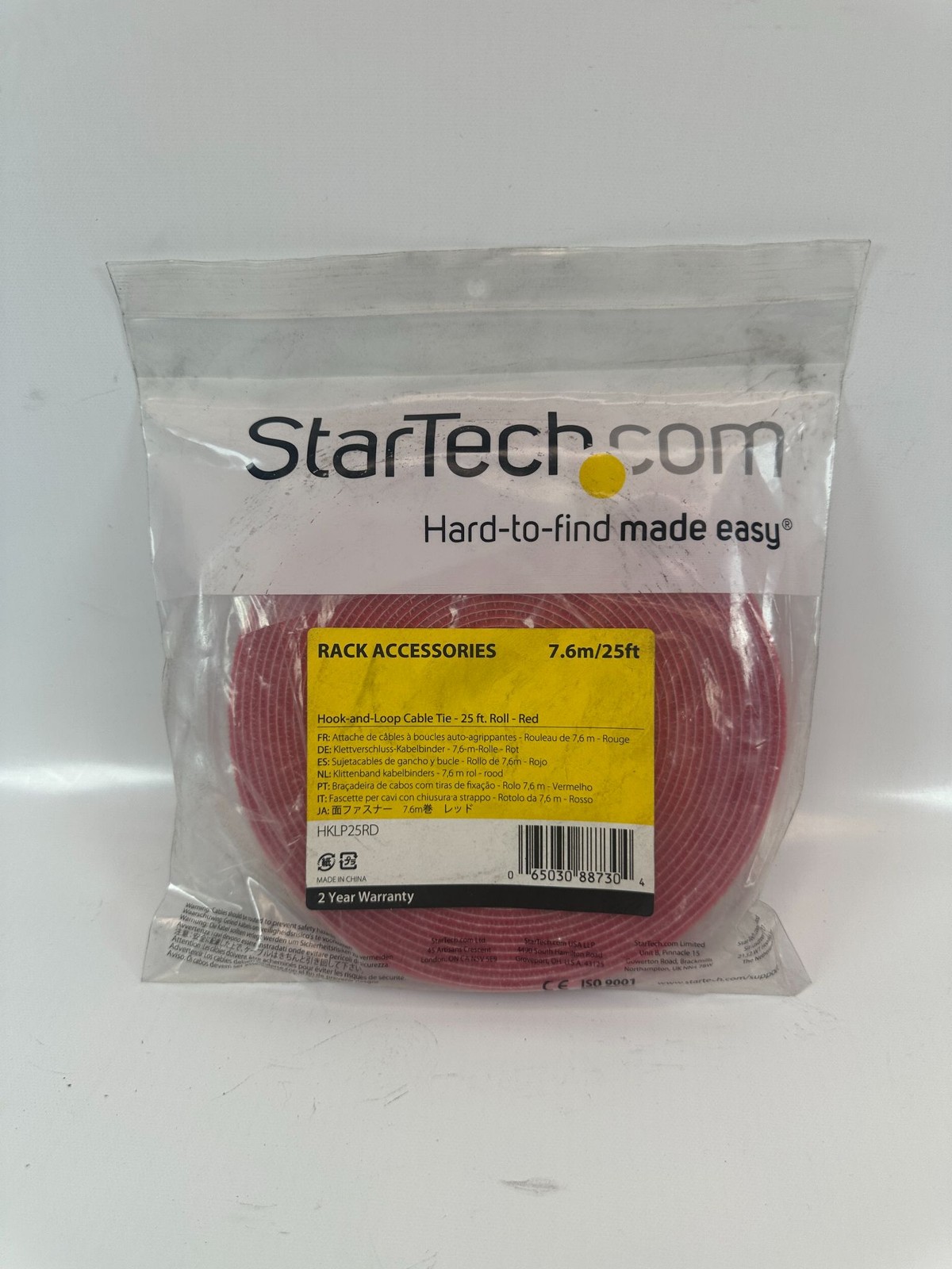 StarTech.com HKLP25RD Hook and Loop Cable Tie 25ft Red Rack Accessories New