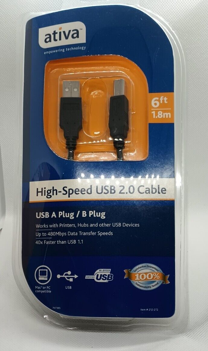 Ativa High-Speed USB 2.0 A Plug To B Plug A/B Cable 6ft Long New