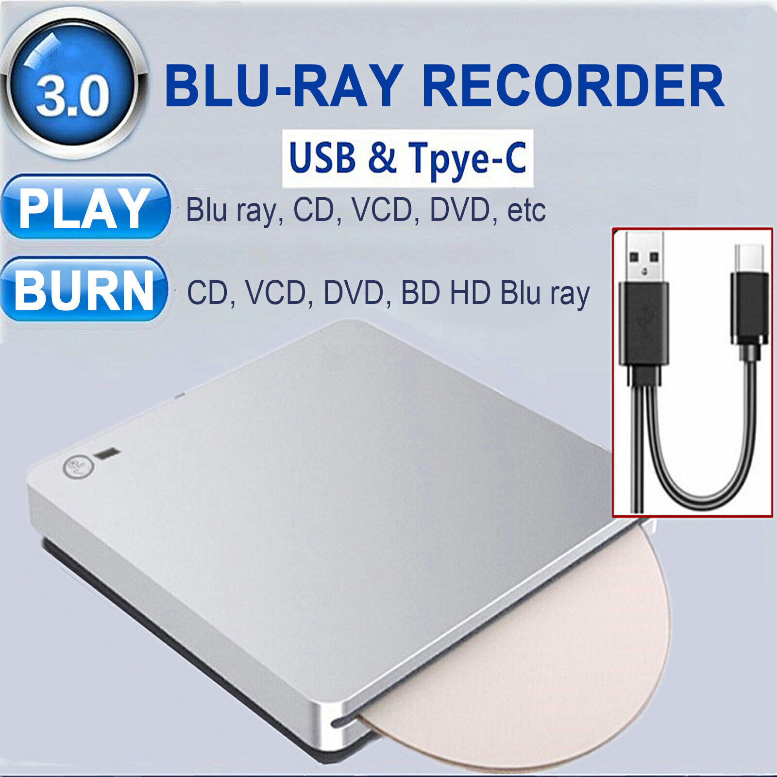 6X Genuine Bluray Burner External USB 3.0 Super Slim DVD BD Recorder Drive YU