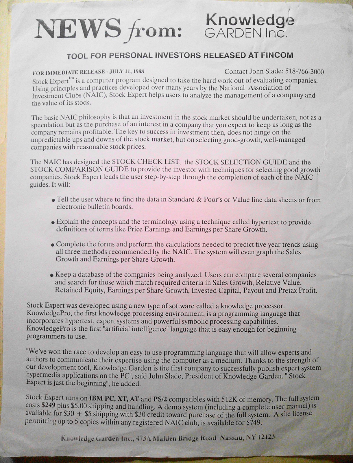 Stock Expert flyer, 1988 - for evaluating companies and the value of their stock