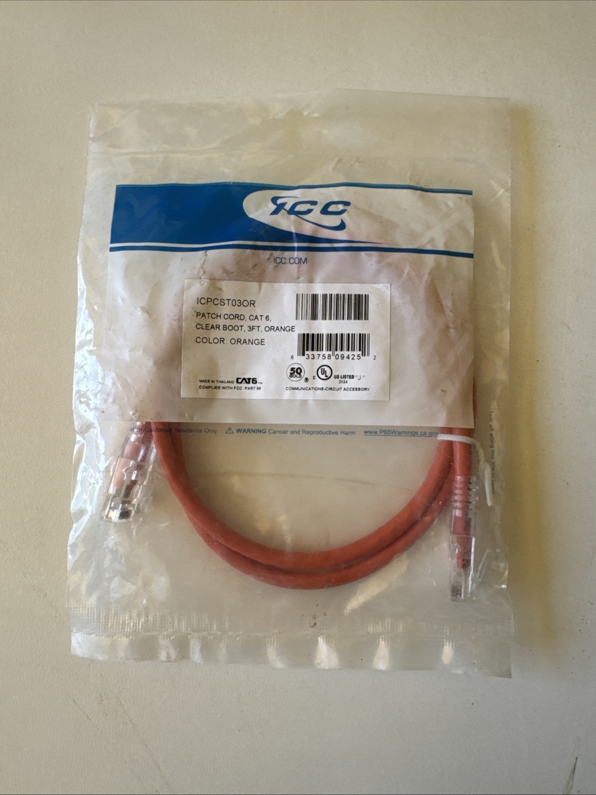 Icc ICPCST03OR Patch Cord Cat6 Clear Boot 3' Orange NEW